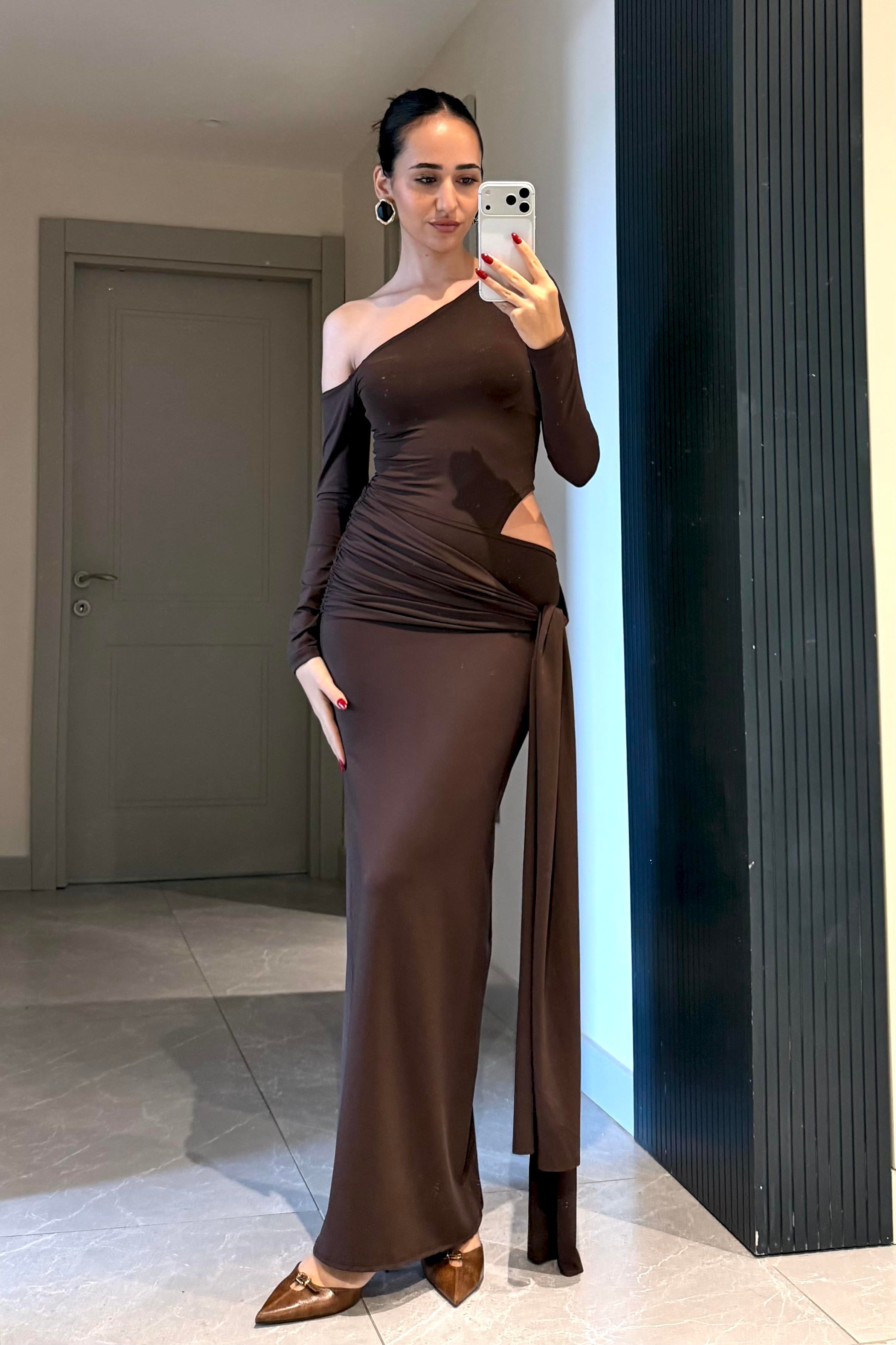Acı Kahve Yırtmaç Detay Uzun Elbise - Kadın Elbise Modelleri - Nazliye Moda | Kadın Giyim Modası