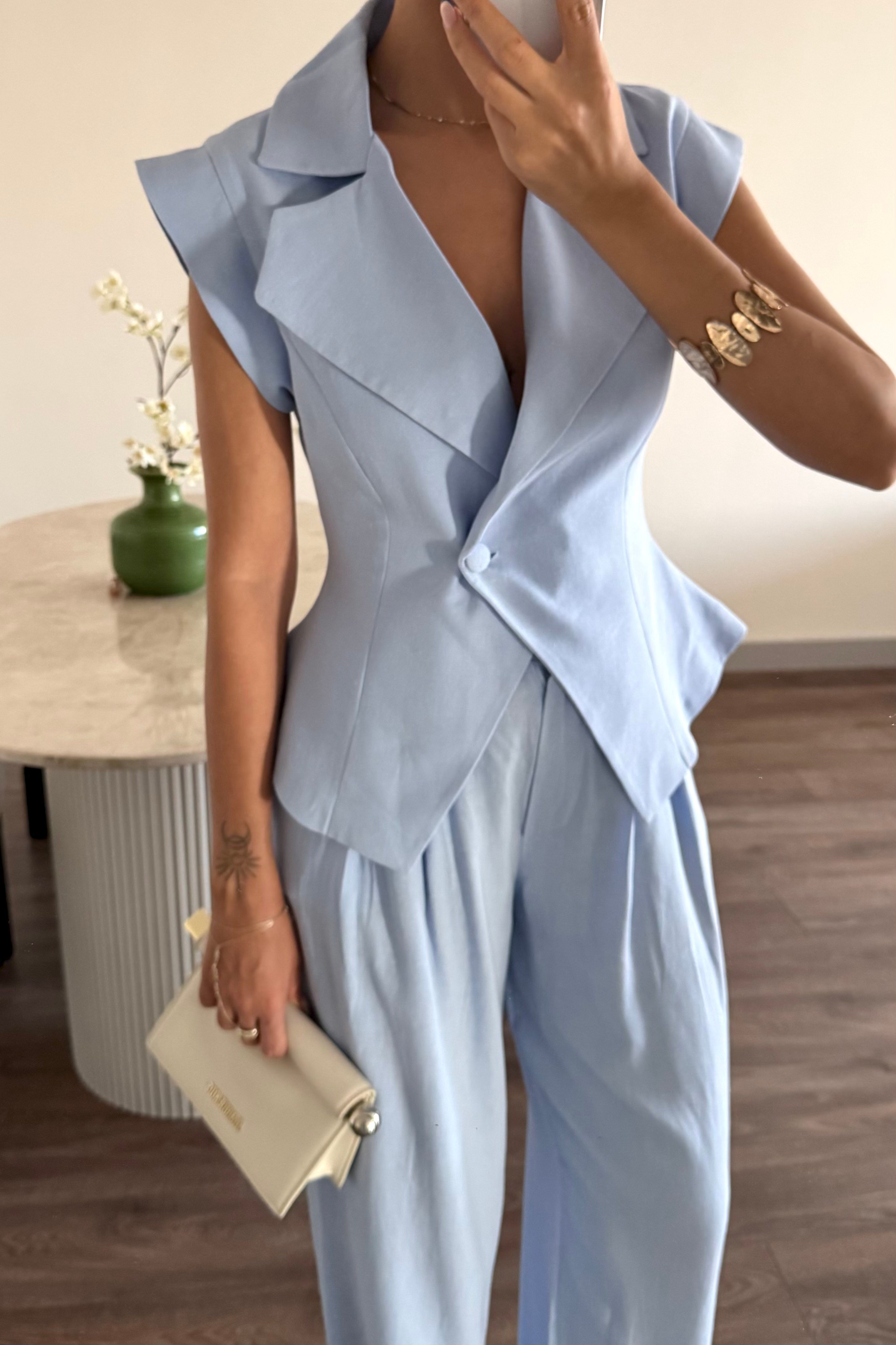 Bebe Mavi Kolsuz Ceket Keten Takım - Kadın Outfit Sets Modelleri - Nazliye Moda | Kadın Giyim Modası