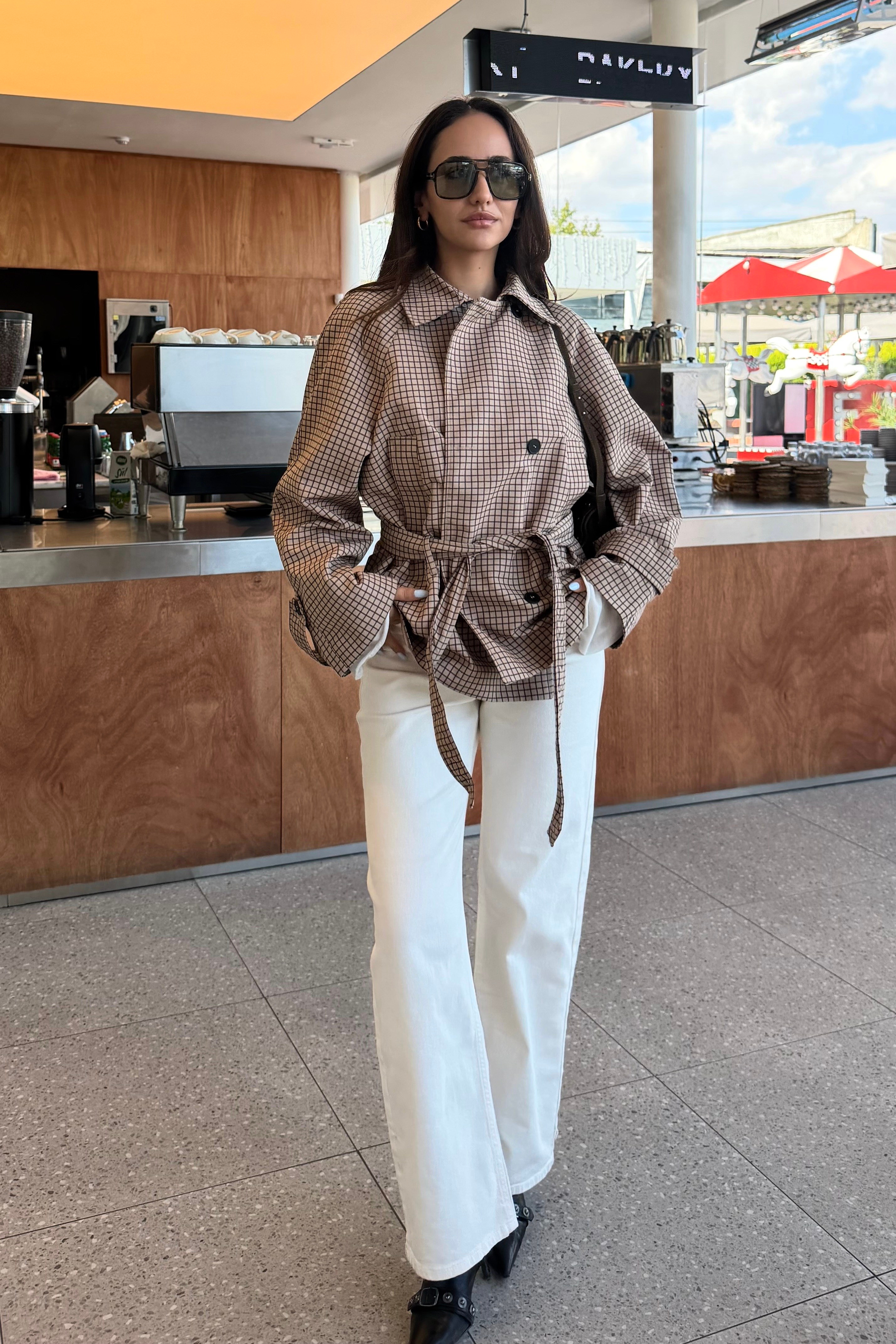 Bej Ekose Beli Kuşaklı Trençkot - Kadın Trençkot Modelleri - Nazliye Moda | Kadın Giyim Modası