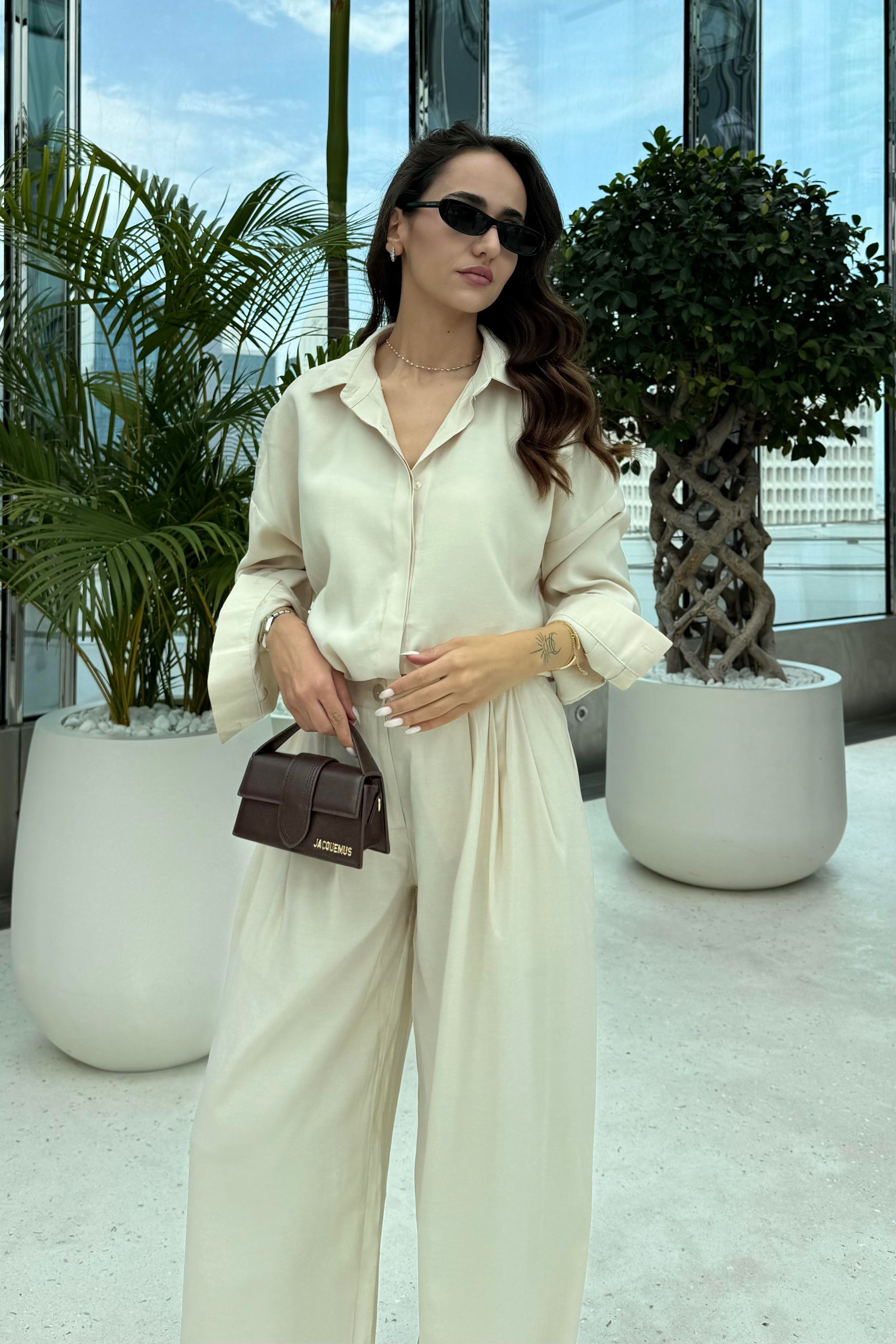 Bej Premium Gömlek Pantolon Takım - Kadın Takım Modelleri - Nazliye Moda | Kadın Giyim Modası