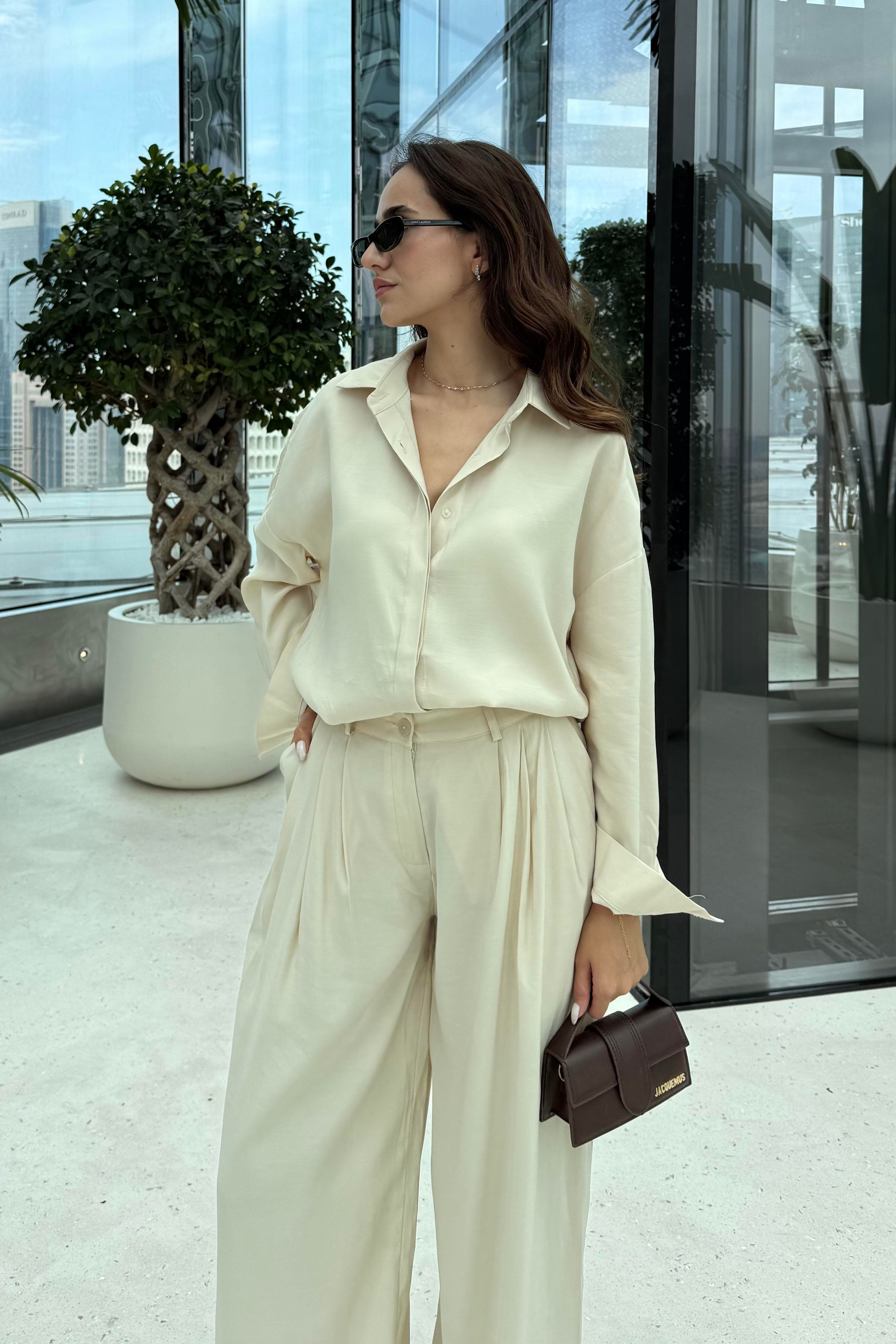 Bej Premium Gömlek Pantolon Takım - Kadın Takım Modelleri - Nazliye Moda | Kadın Giyim Modası