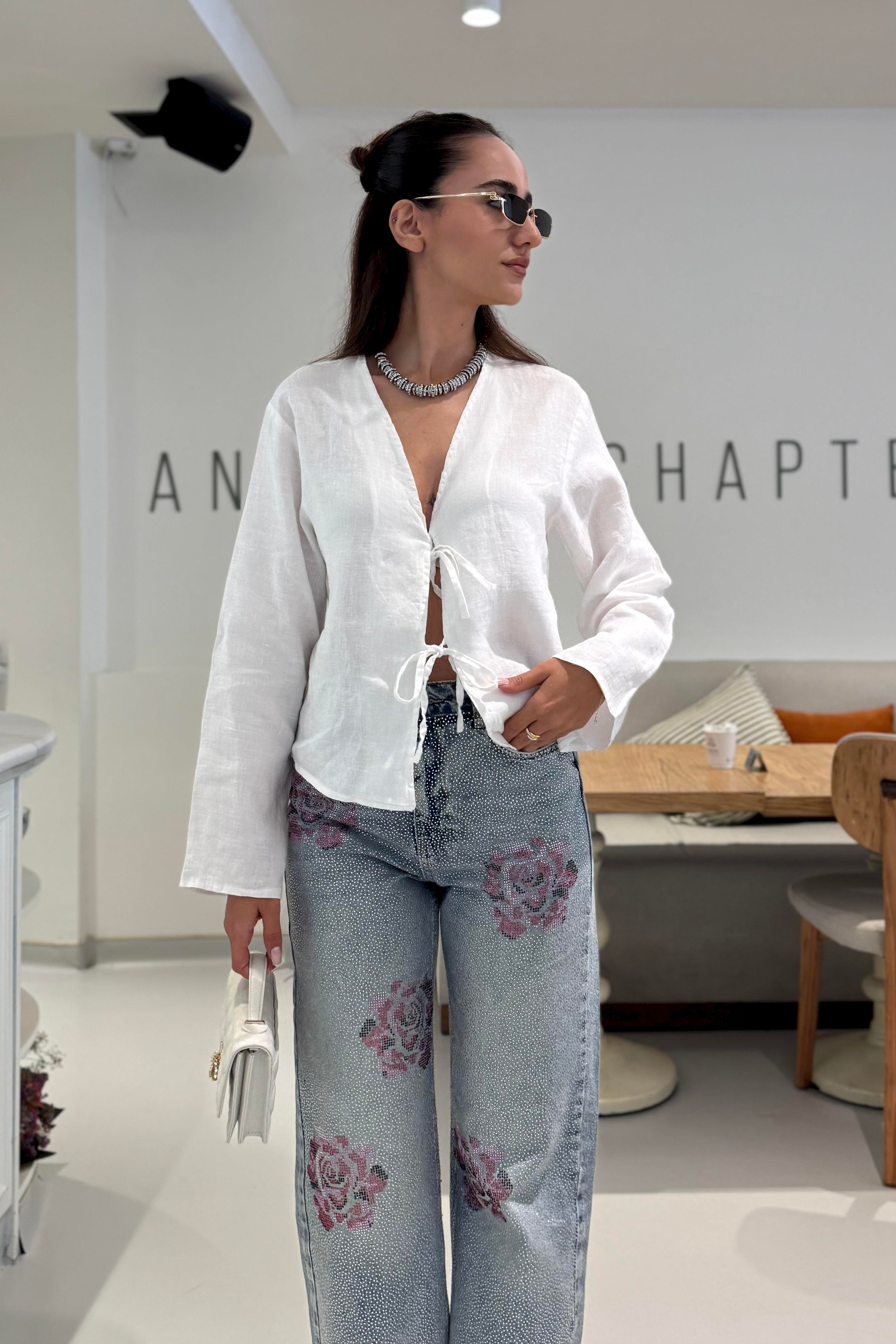 Beyaz Bağlama Detay Ham Keten Gömlek - Kadın Shirts Modelleri - Nazliye Moda | Kadın Giyim Modası