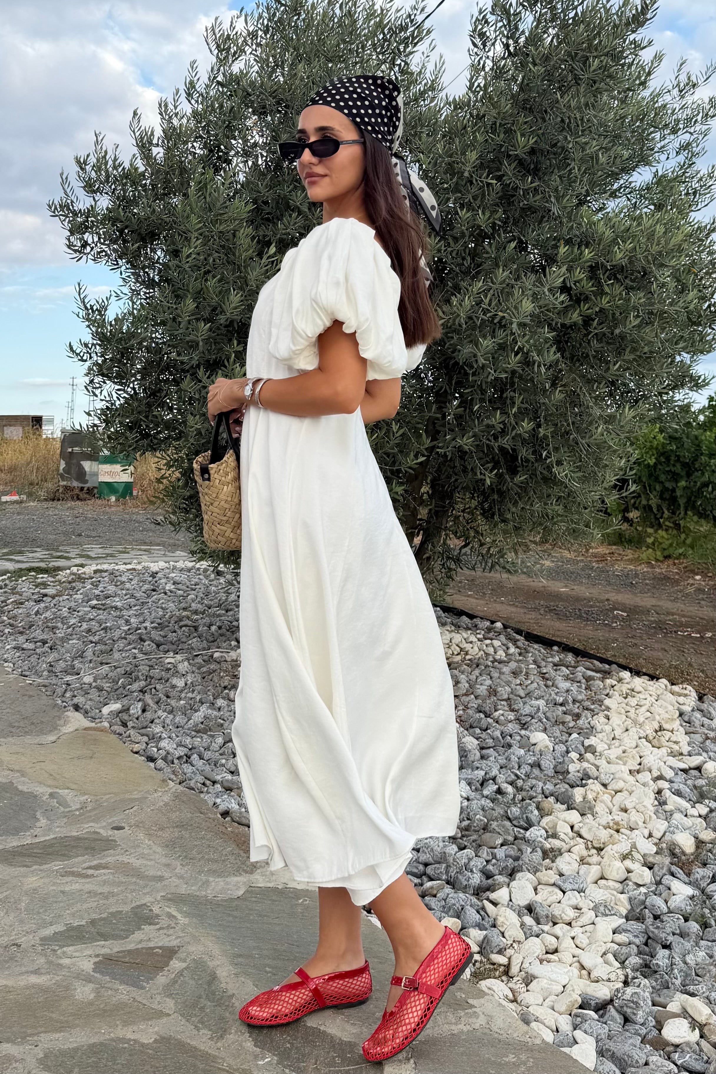 Beyaz Balon Kol Uzun Elbise - Kadın Elbise Modelleri - Nazliye Moda | Kadın Giyim Modası