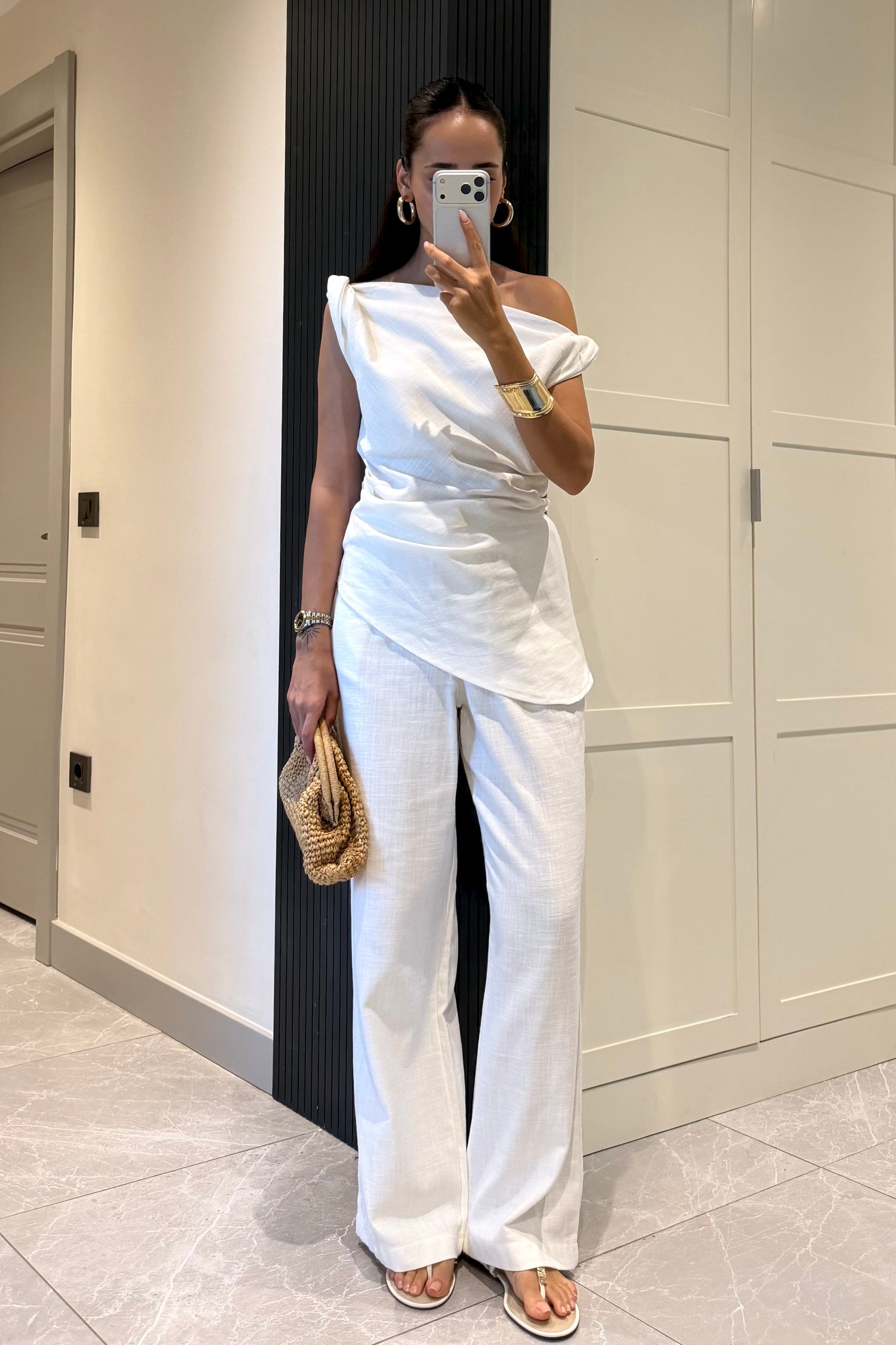 Beyaz Düşük Omuz Keten Takım - Kadın Takım Modelleri - Nazliye Moda | Kadın Giyim Modası