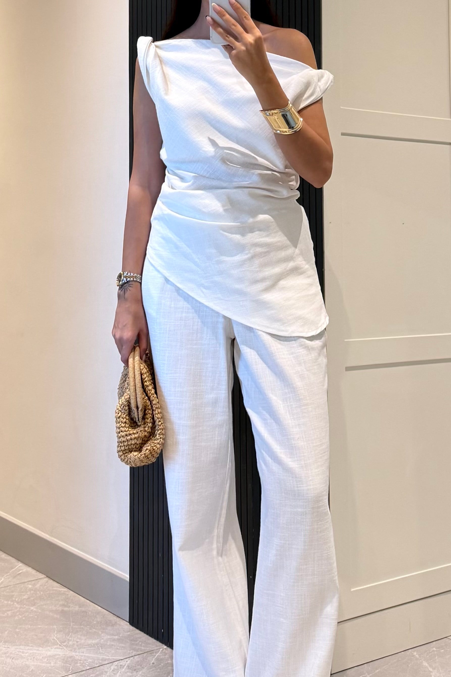 Beyaz Düşük Omuz Keten Takım - Kadın Takım Modelleri - Nazliye Moda | Kadın Giyim Modası