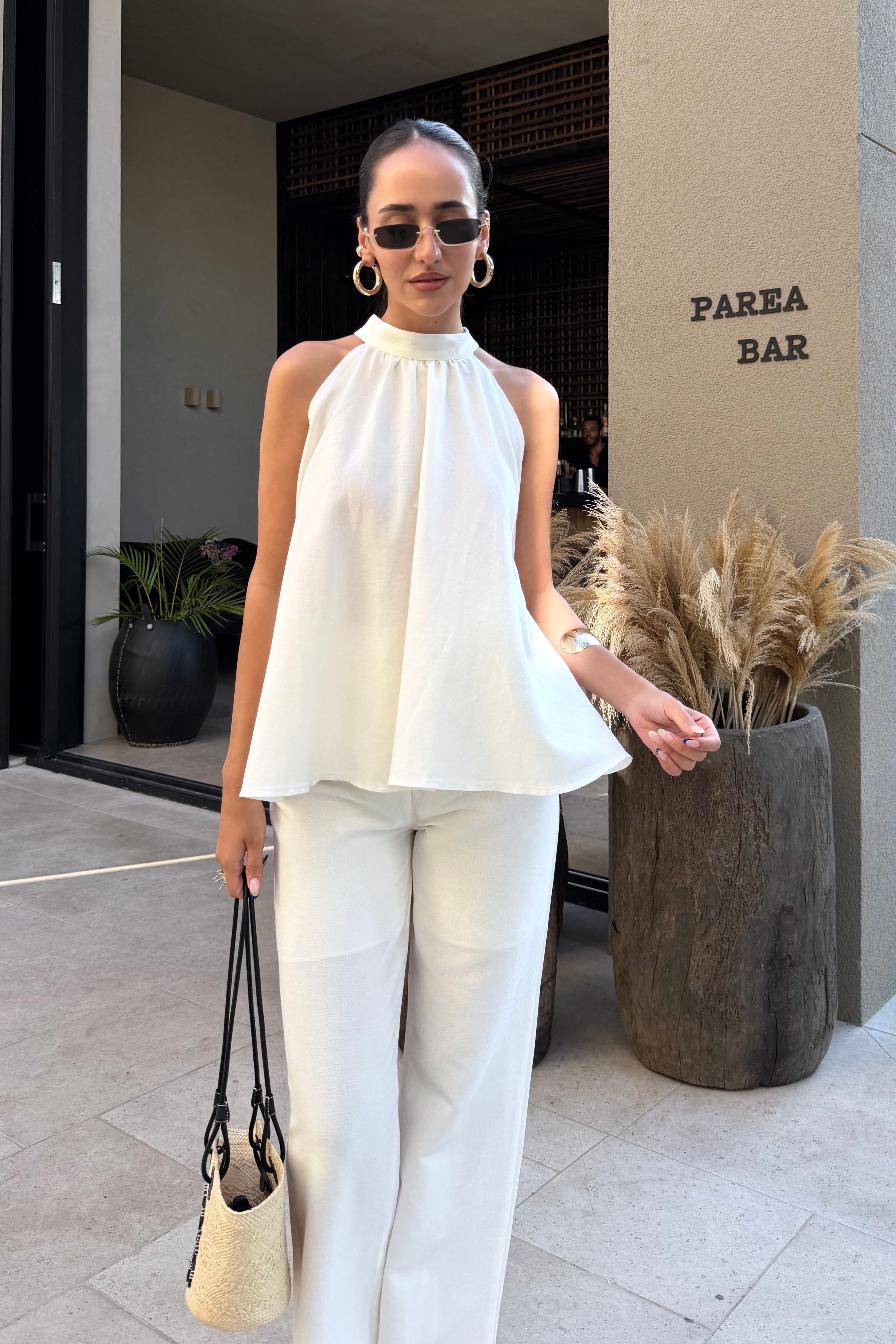 Beyaz Halter Bluz Keten Takım - Kadın Outfit Sets Modelleri - Nazliye Moda | Kadın Giyim Modası