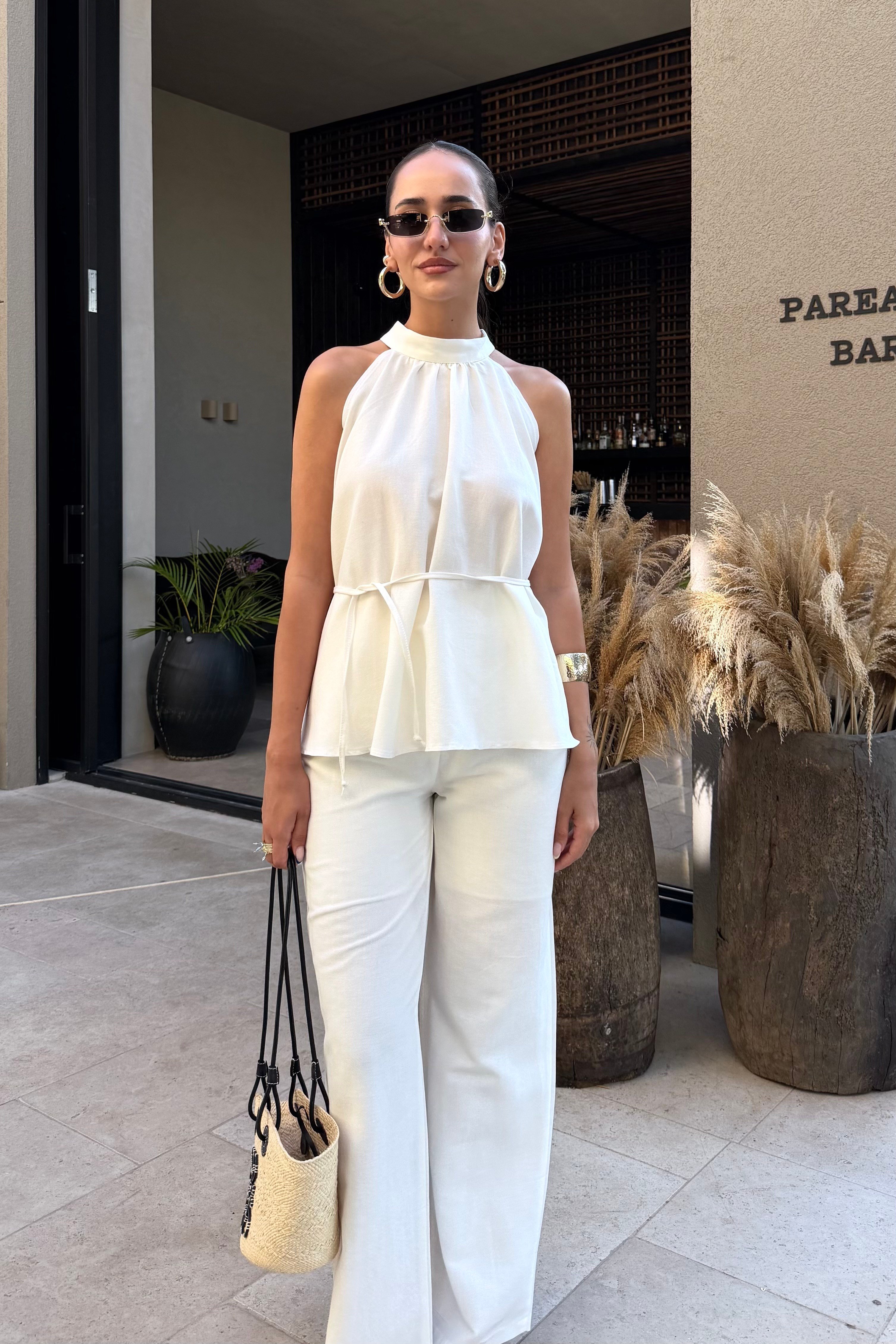 Beyaz Halter Bluz Keten Takım - Kadın Outfit Sets Modelleri - Nazliye Moda | Kadın Giyim Modası