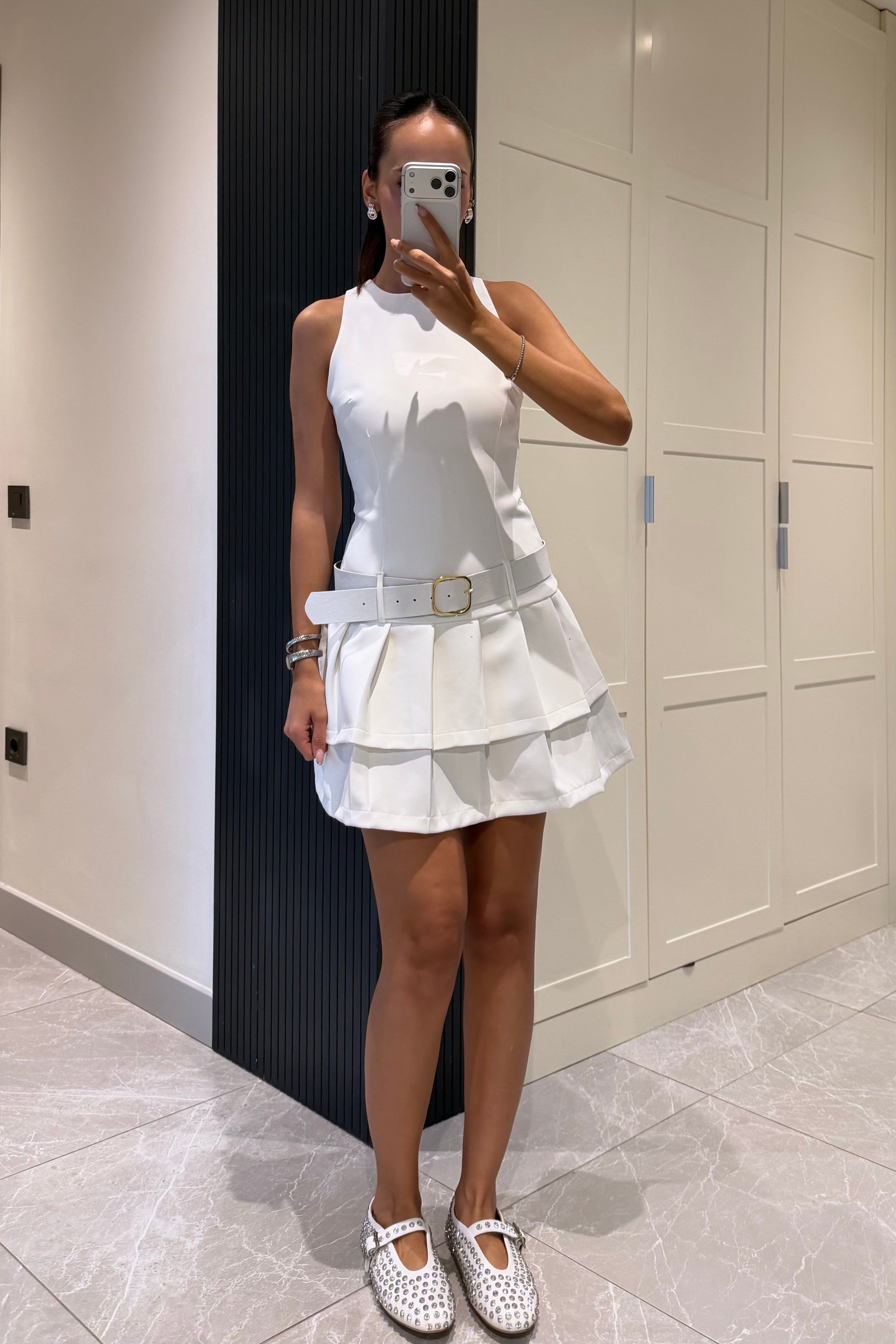 Beyaz Kemer Detay Mini Elbise - Kadın Elbise Modelleri - Nazliye Moda | Kadın Giyim Modası