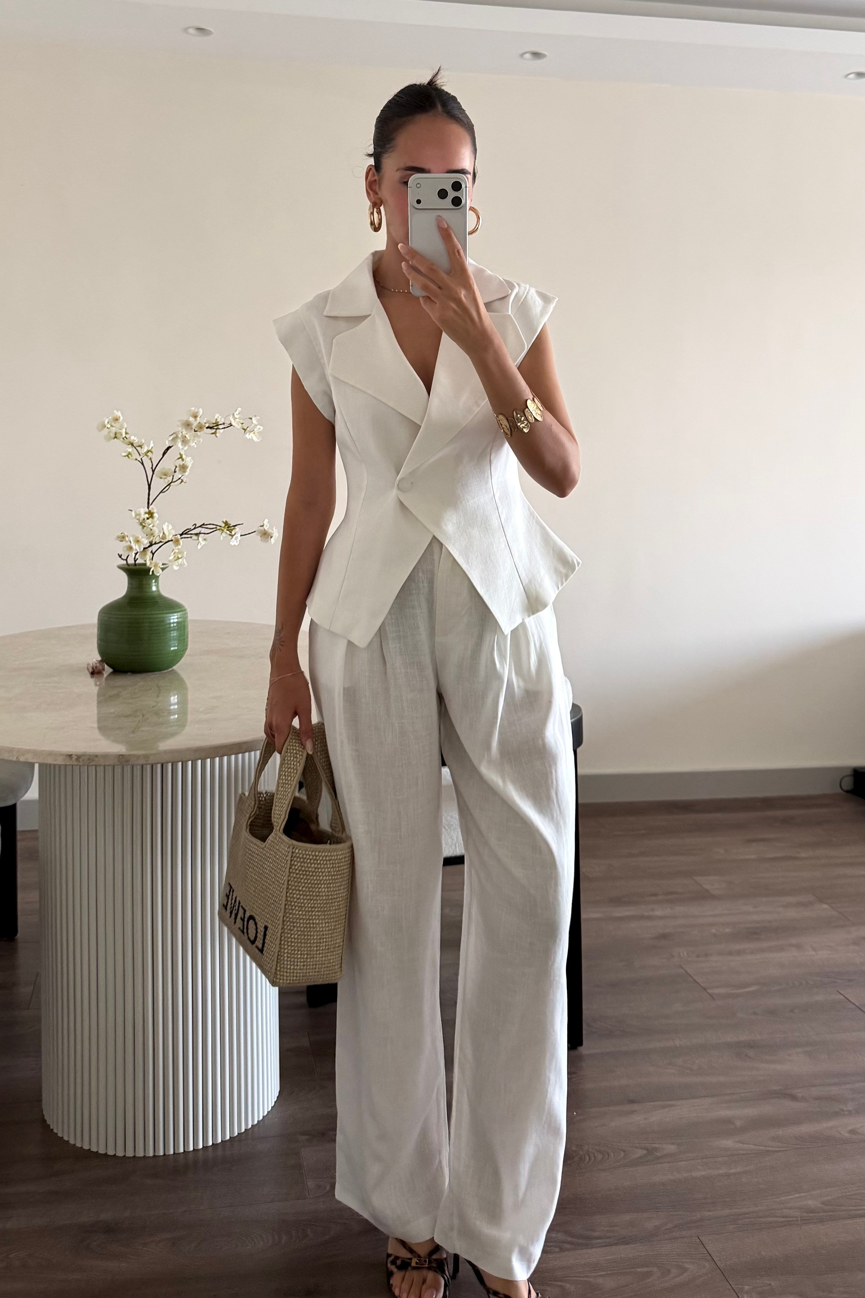 Beyaz Kolsuz Ceket Keten Takım - Kadın Outfit Sets Modelleri - Nazliye Moda | Kadın Giyim Modası