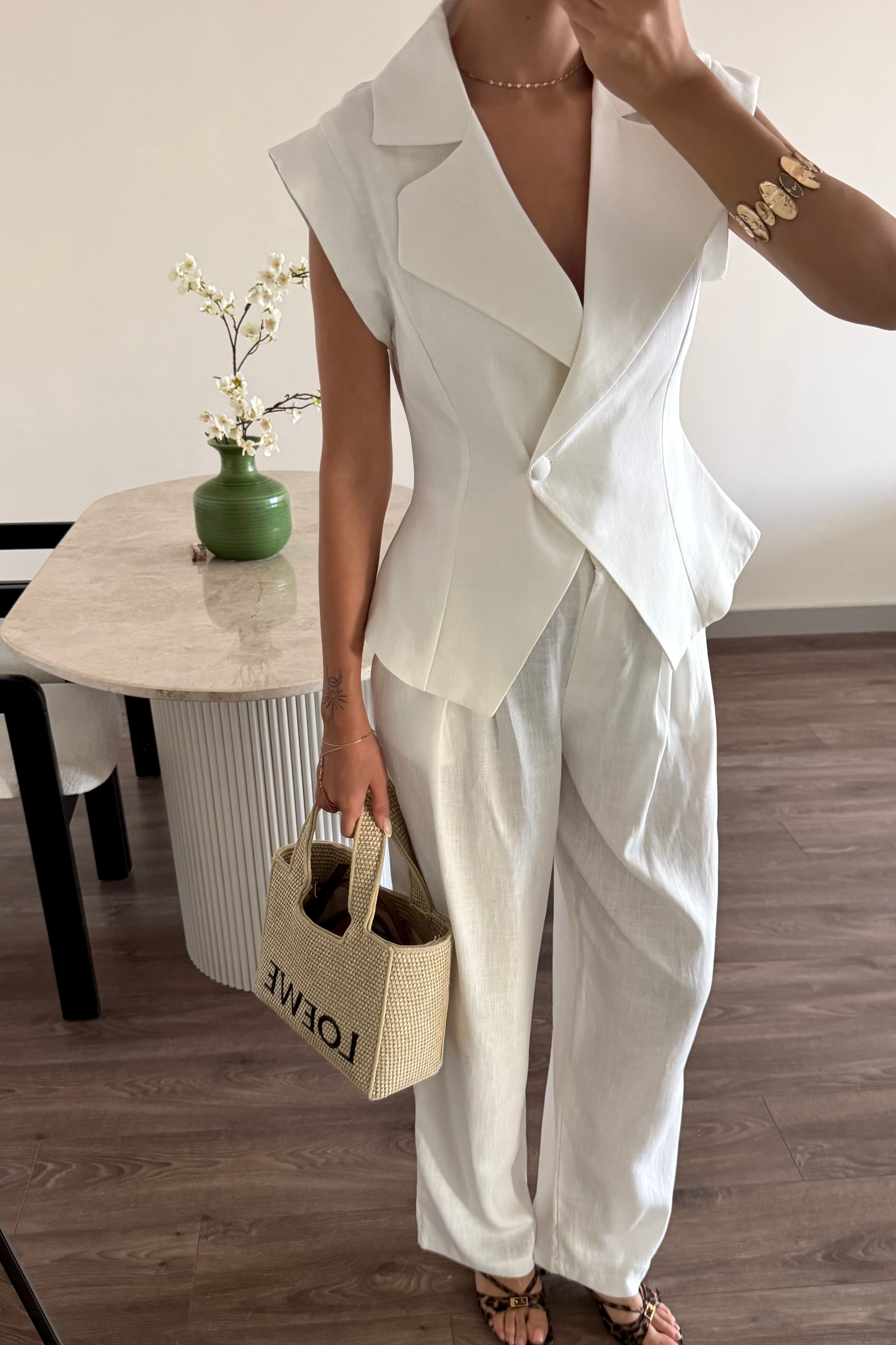 Beyaz Kolsuz Ceket Keten Takım - Kadın Outfit Sets Modelleri - Nazliye Moda | Kadın Giyim Modası