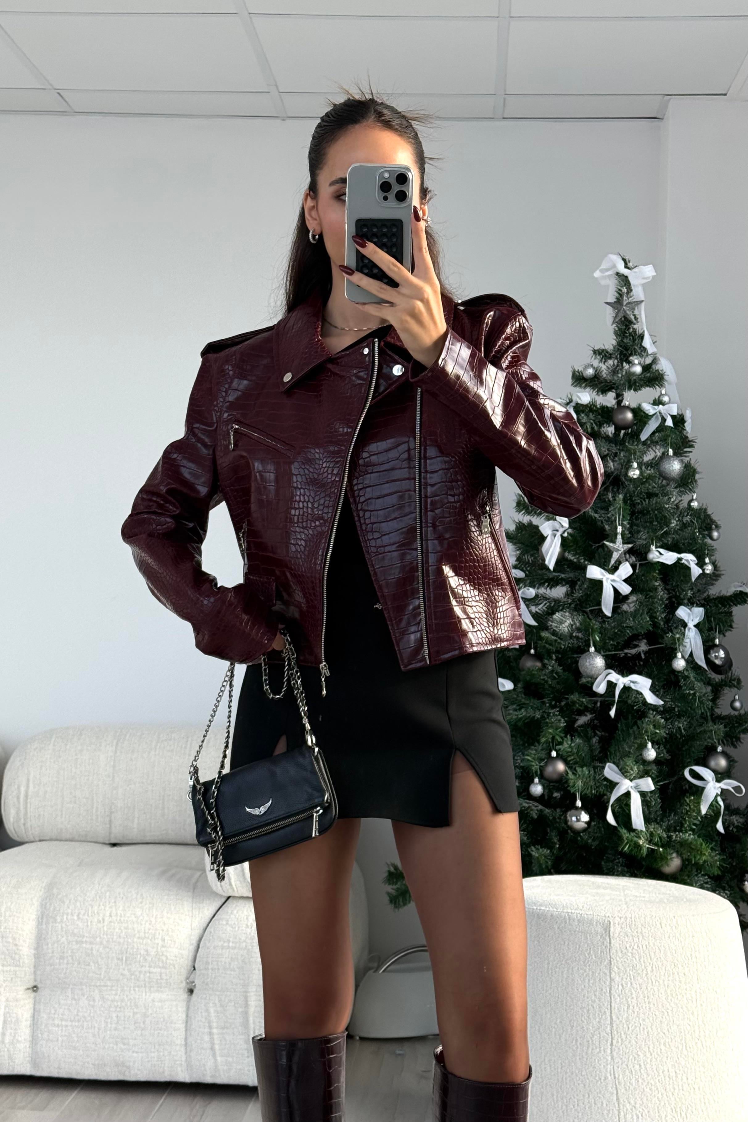 Bordo Crocodile Desen Deri Ceket - Kadın Jackets Modelleri - Nazliye Moda | Kadın Giyim Modası