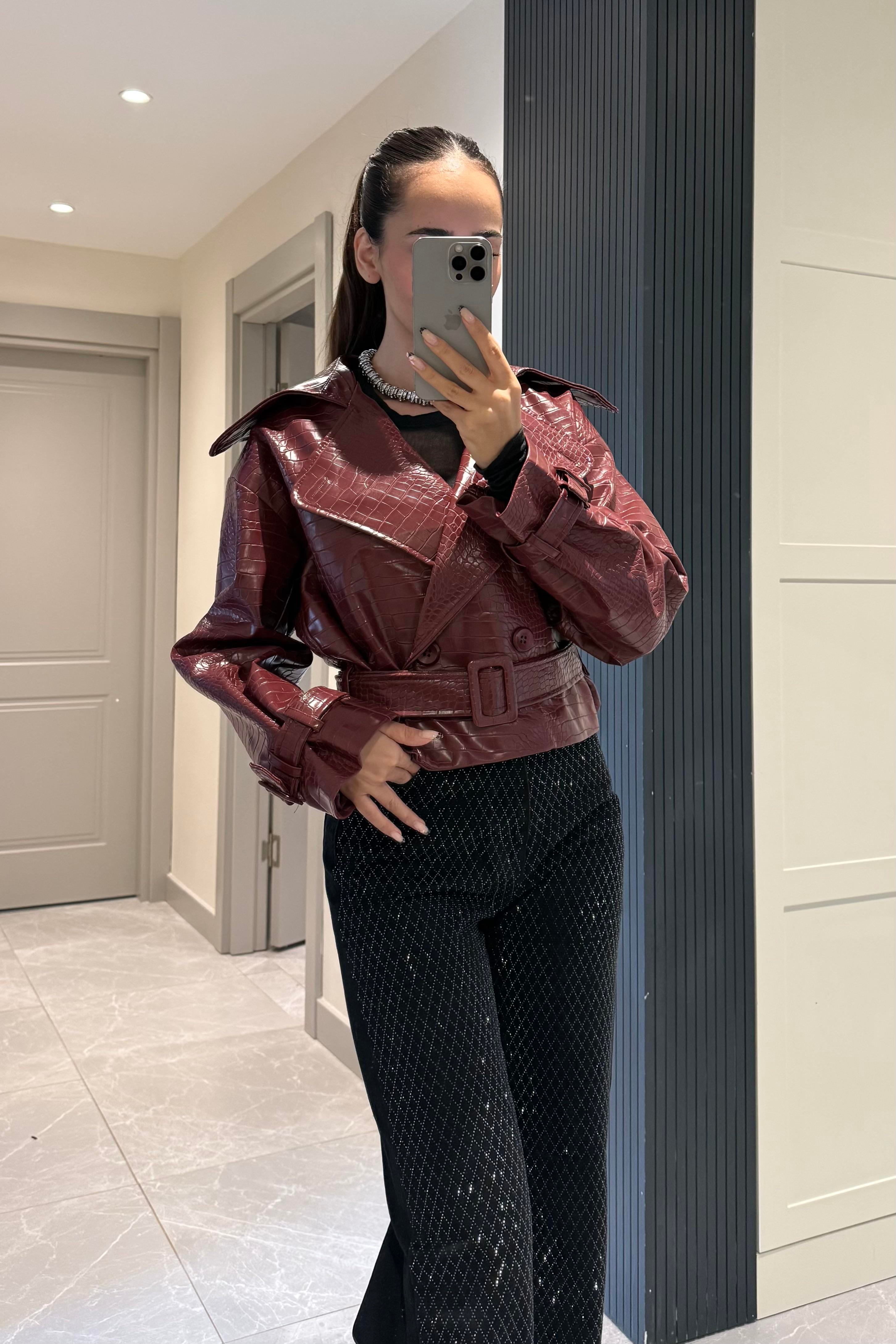 Bordo Crocodile Premium Deri Trençkot - Kadın Trençkot Modelleri - Nazliye Moda | Kadın Giyim Modası