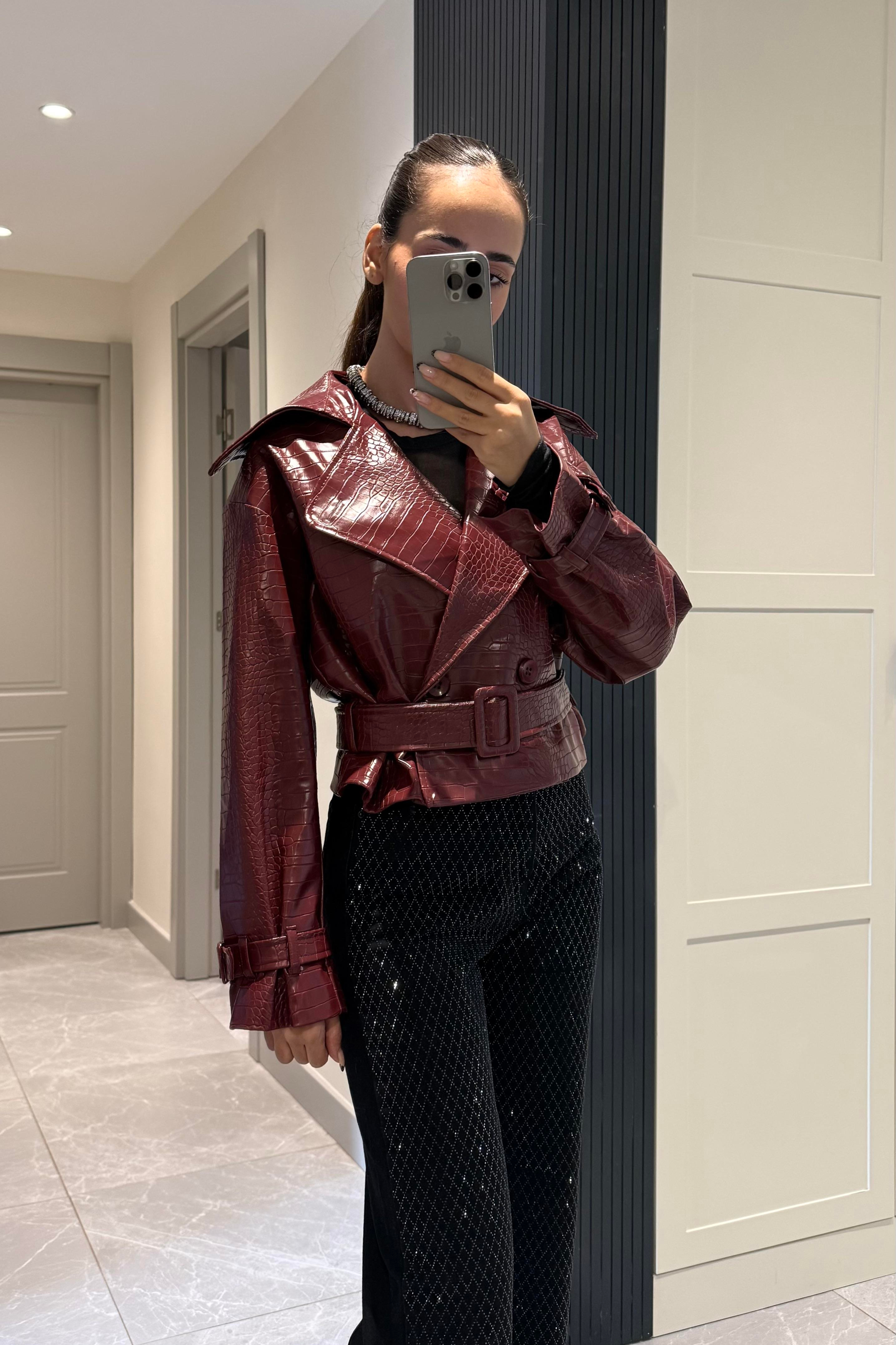 Bordo Crocodile Premium Deri Trençkot - Kadın Trençkot Modelleri - Nazliye Moda | Kadın Giyim Modası
