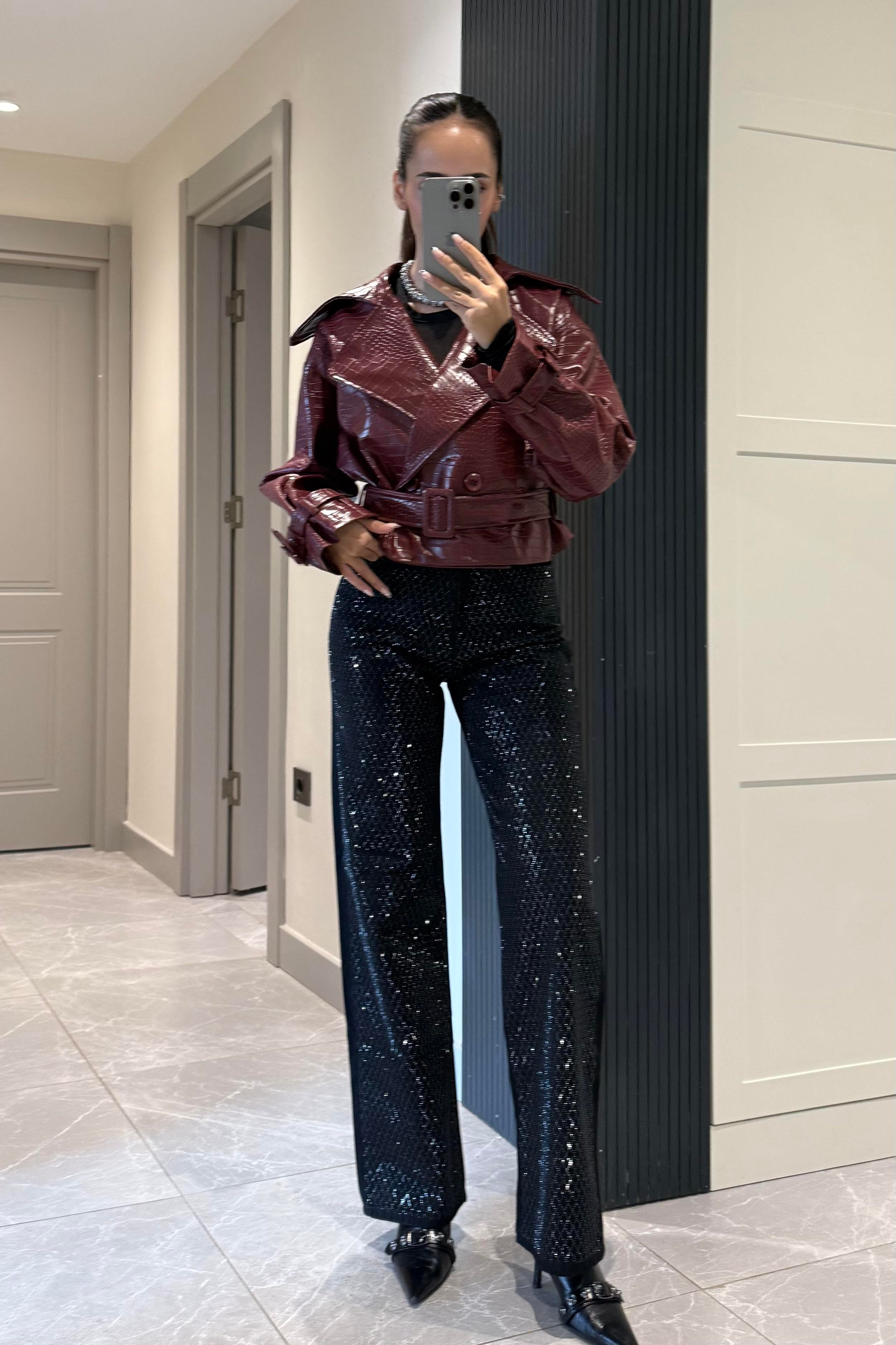 Bordo Crocodile Premium Deri Trençkot - Kadın Trençkot Modelleri - Nazliye Moda | Kadın Giyim Modası