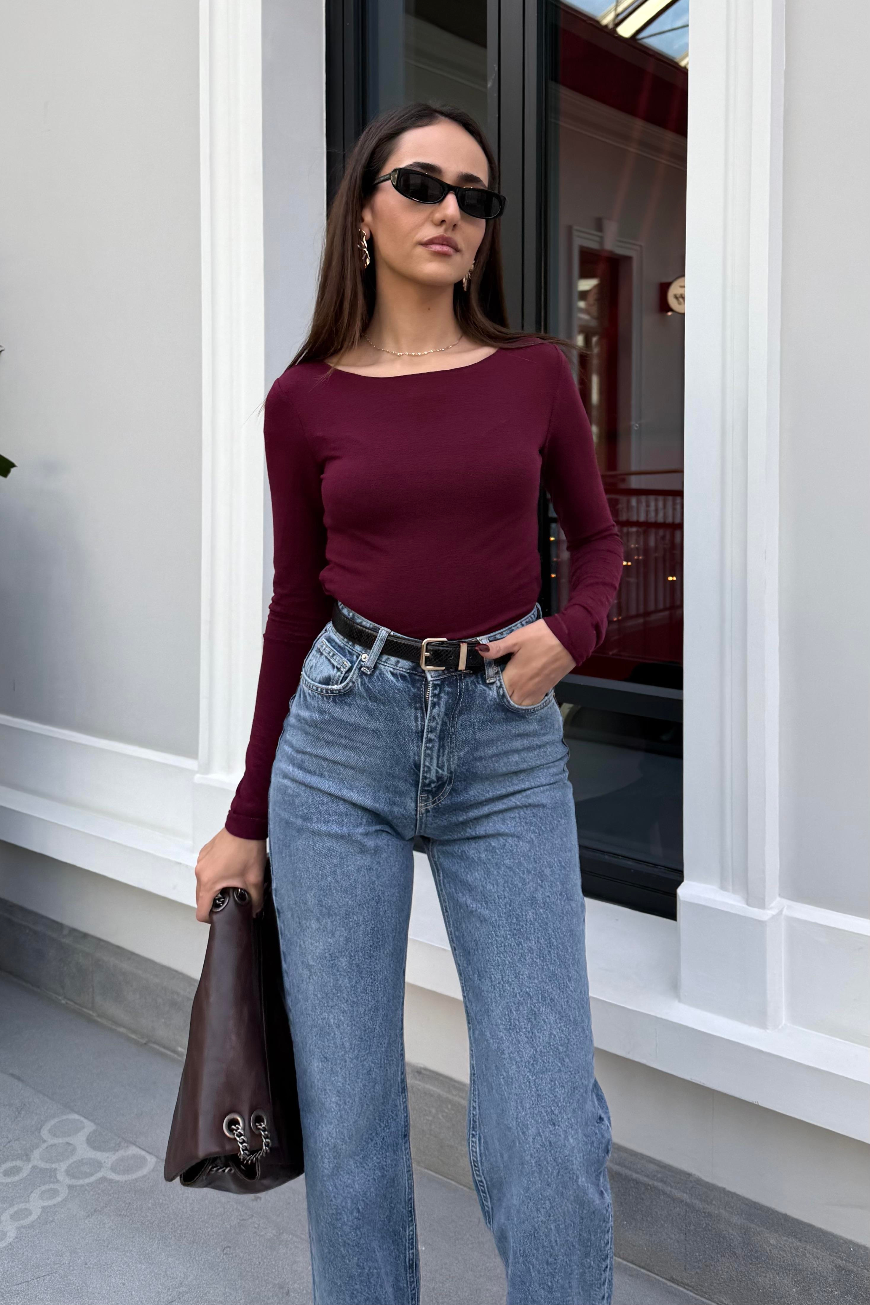 Bordo Dekolte Basic Bluz - Kadın Blouses Modelleri - Nazliye Moda | Kadın Giyim Modası