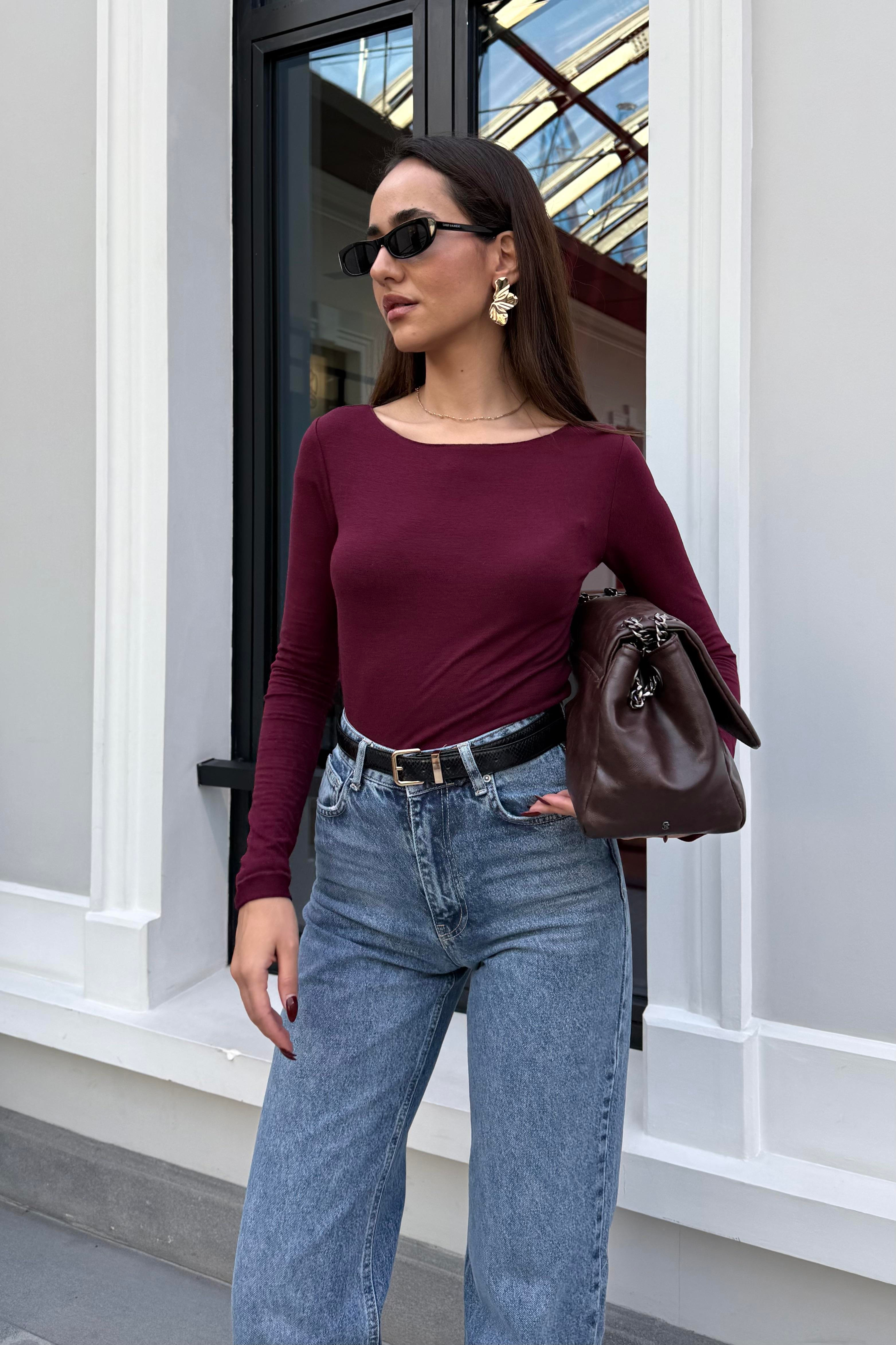 Bordo Dekolte Basic Bluz - Kadın Blouses Modelleri - Nazliye Moda | Kadın Giyim Modası