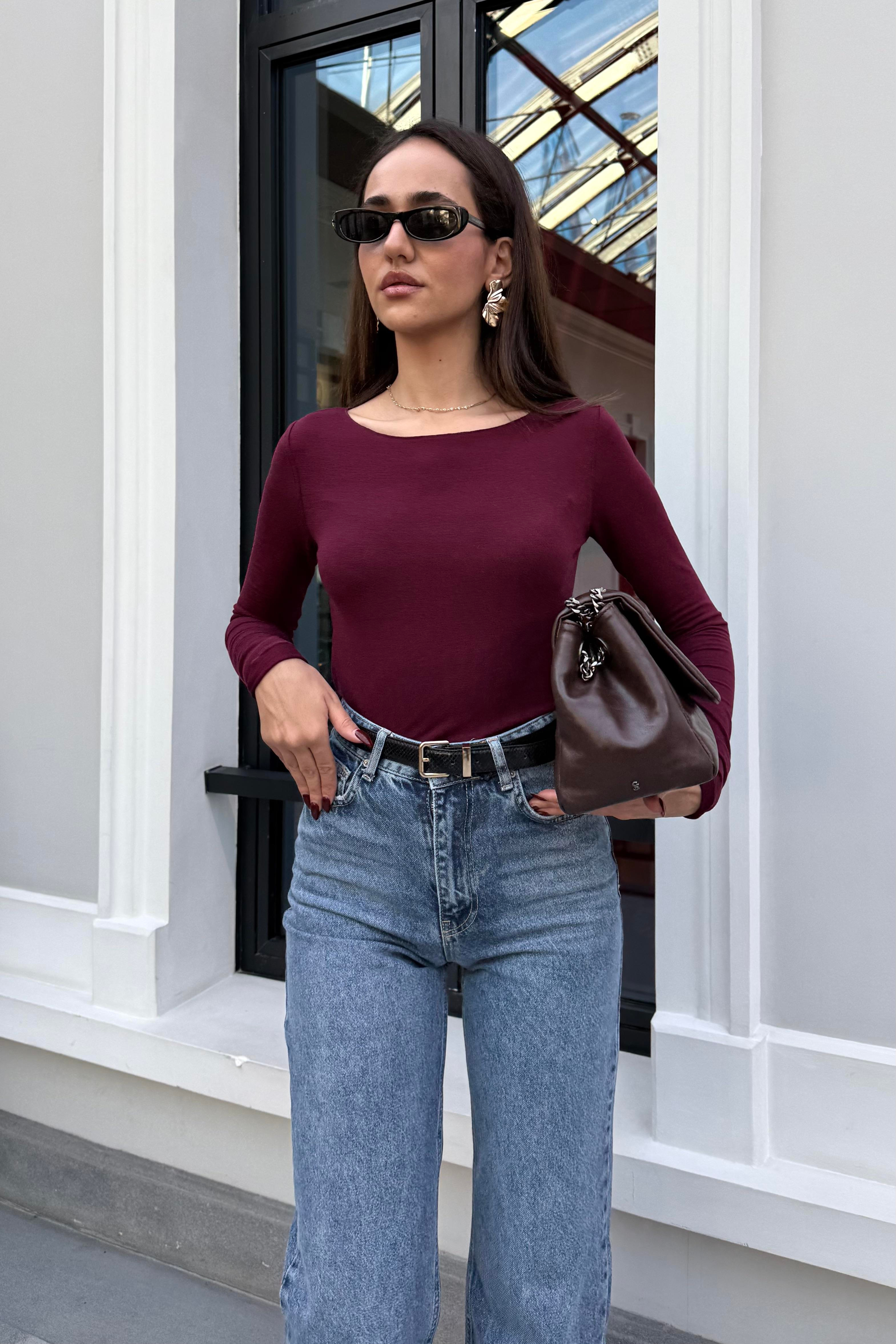 Bordo Dekolte Basic Bluz - Kadın Blouses Modelleri - Nazliye Moda | Kadın Giyim Modası