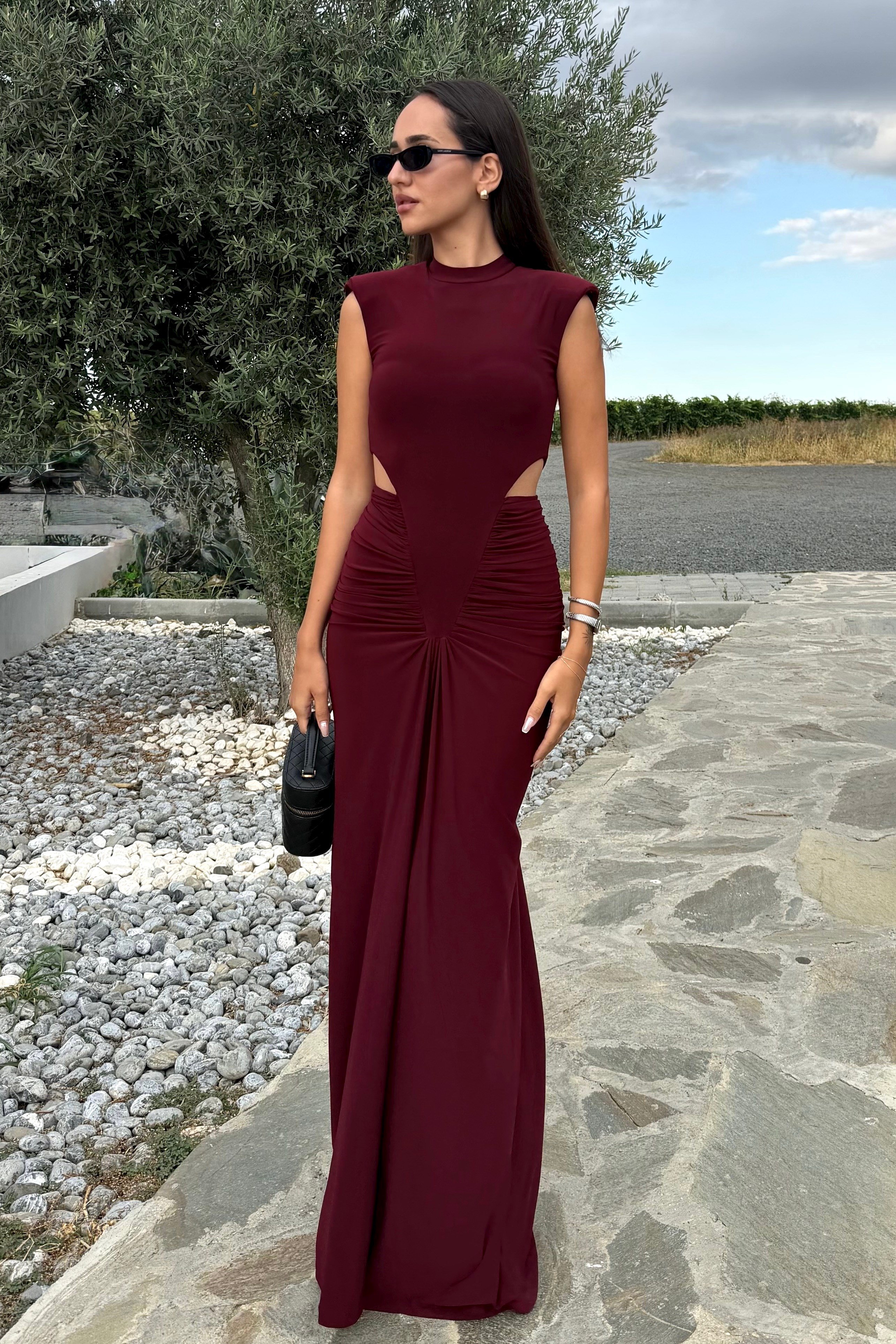 Bordo Kolsuz Bel Dekolteli Drape Uzun Elbise - Kadın Elbise Modelleri - Nazliye Moda | Kadın Giyim Modası