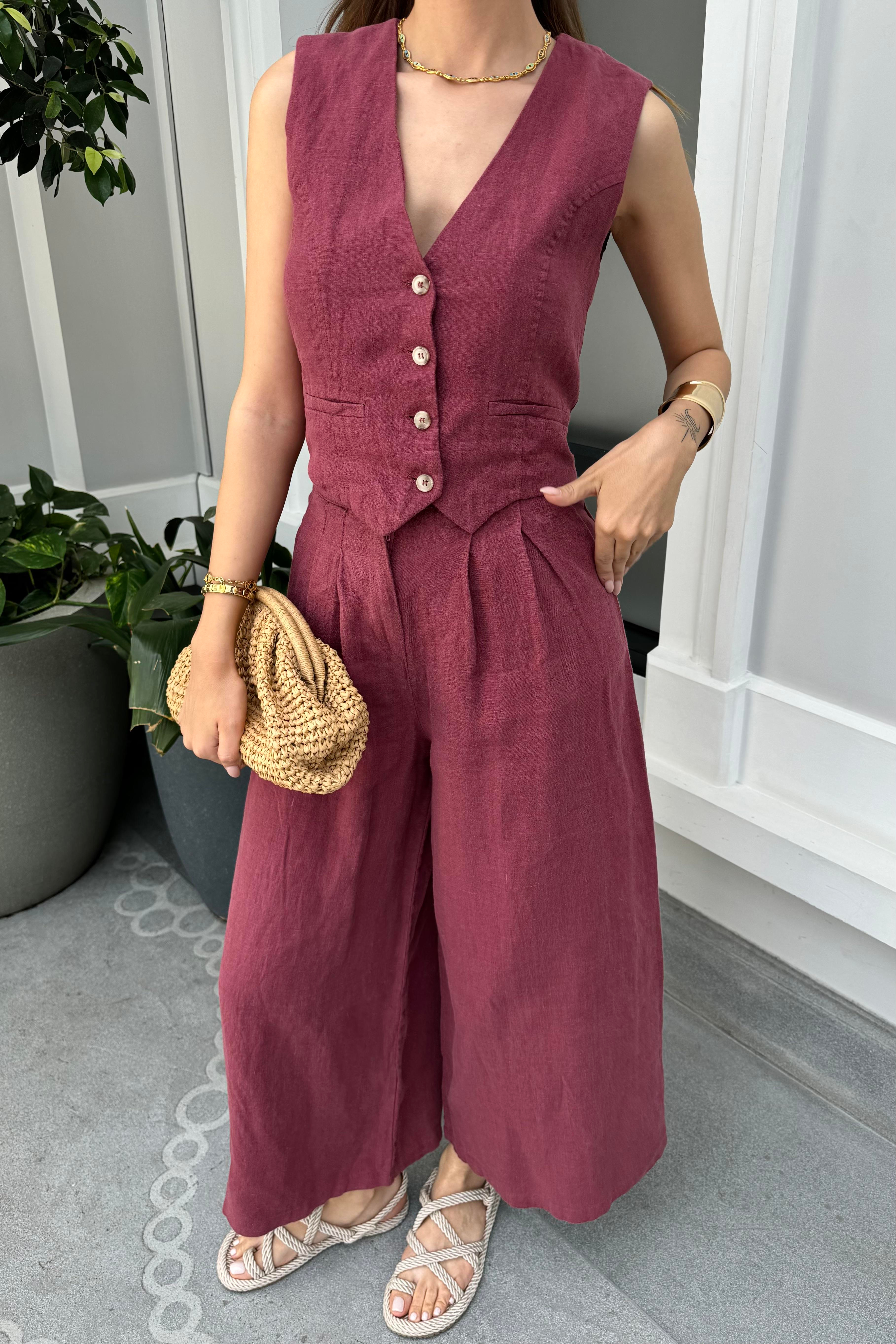 Bordo Premium Keten Takım - Kadın Outfit Sets Modelleri - Nazliye Moda - Kadın Giyim Modası