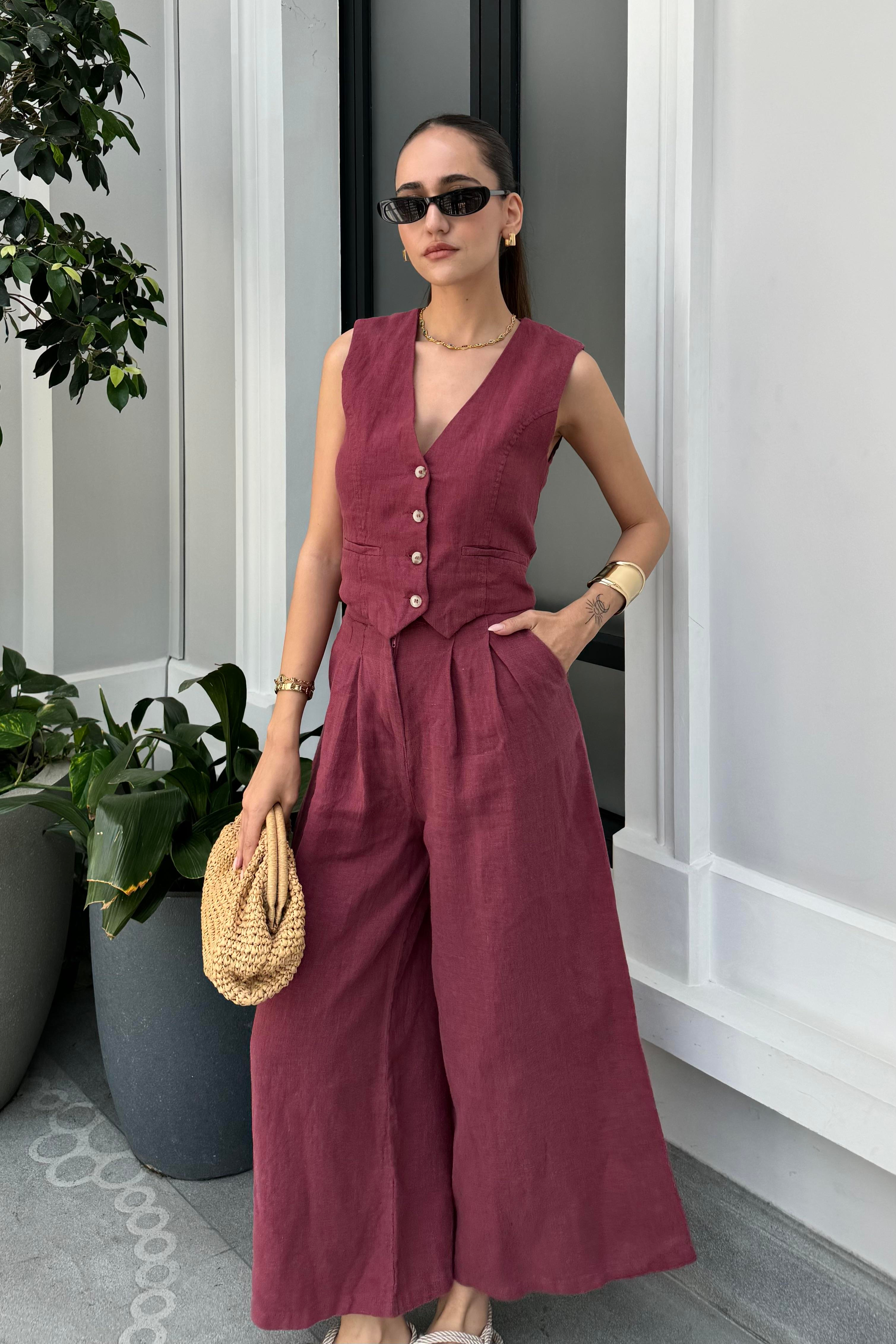 Bordo Premium Keten Takım - Kadın Outfit Sets Modelleri - Nazliye Moda - Kadın Giyim Modası