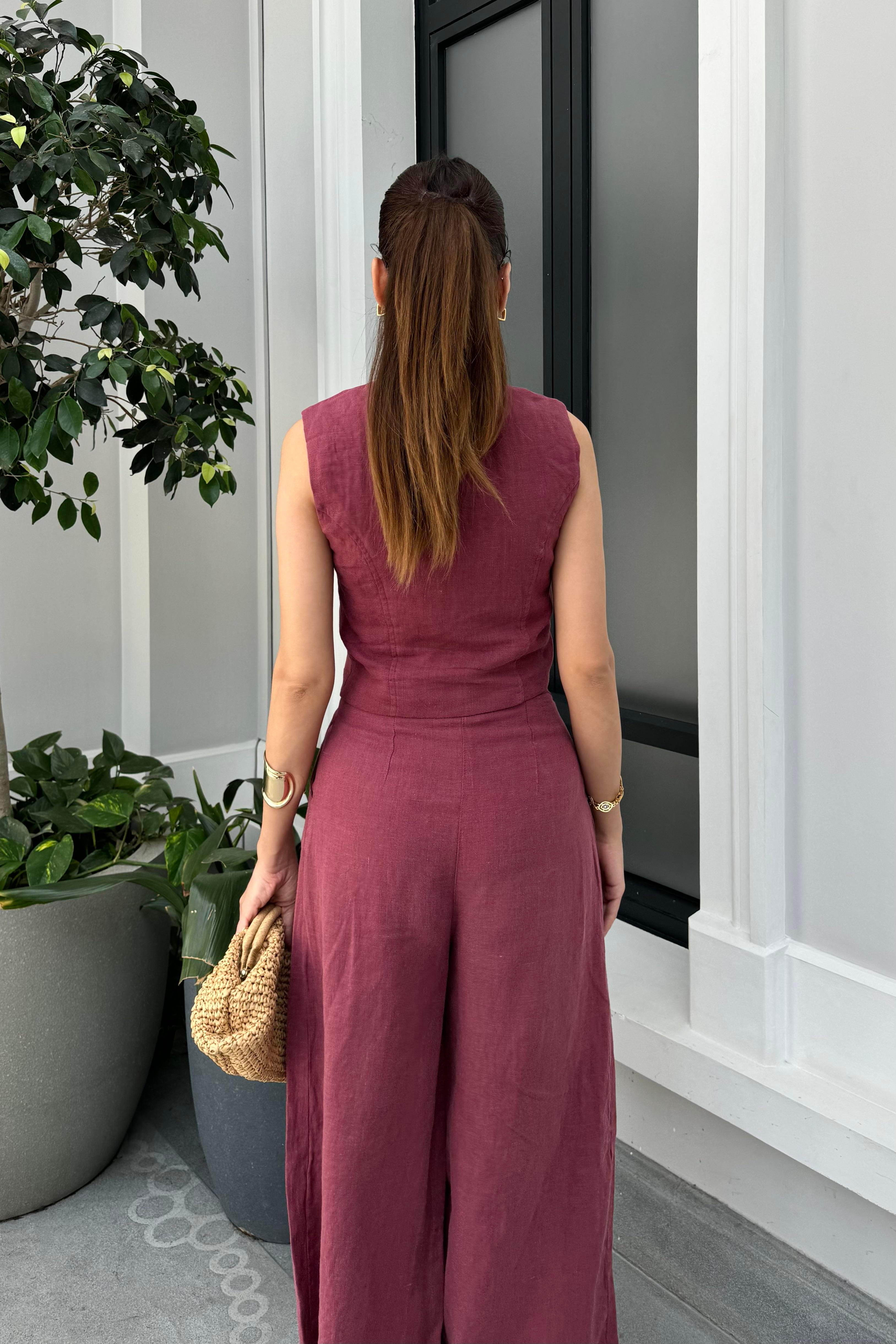 Bordo Premium Keten Takım - Kadın Outfit Sets Modelleri - Nazliye Moda - Kadın Giyim Modası