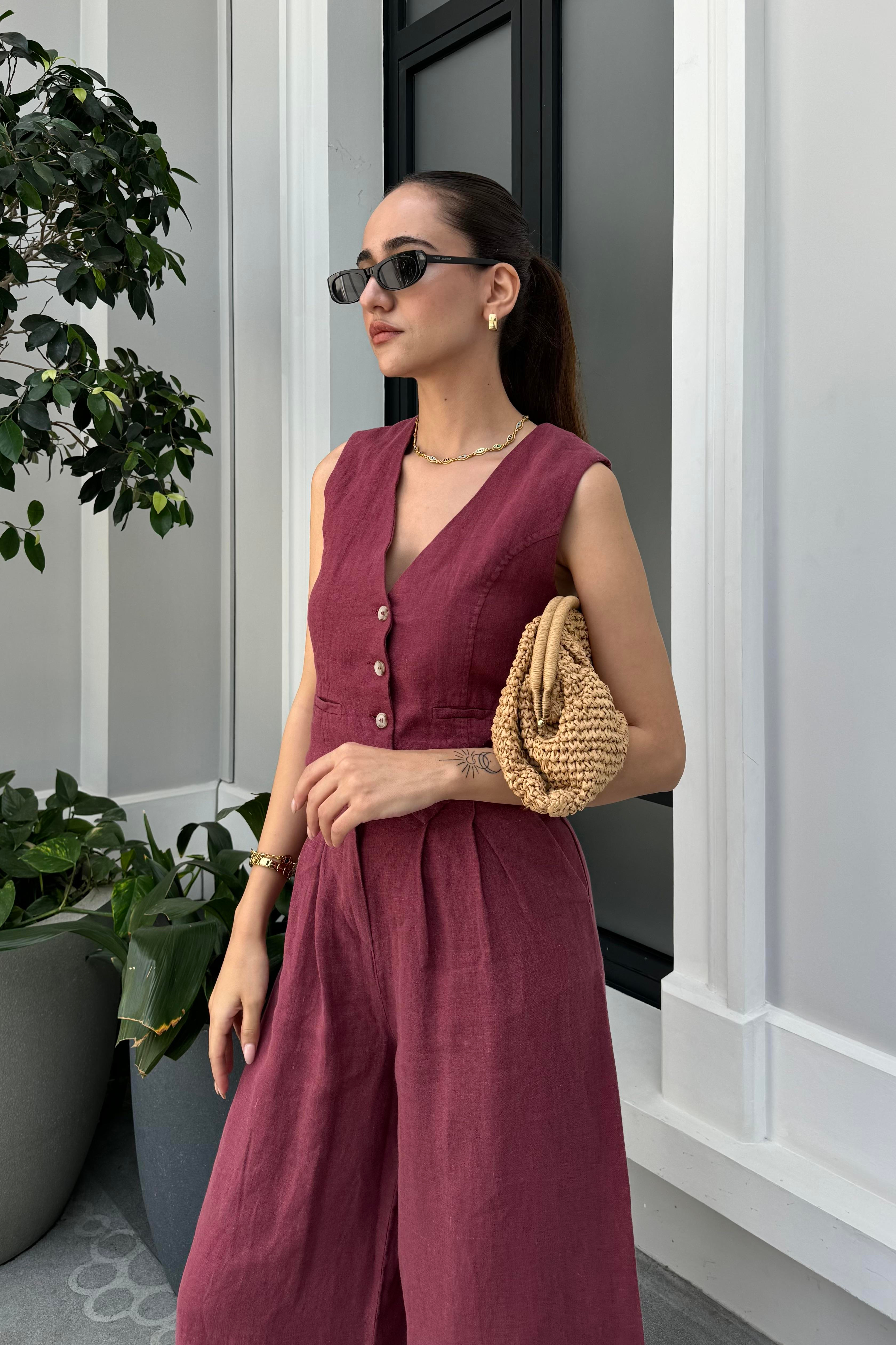 Bordo Premium Keten Takım - Kadın Outfit Sets Modelleri - Nazliye Moda - Kadın Giyim Modası