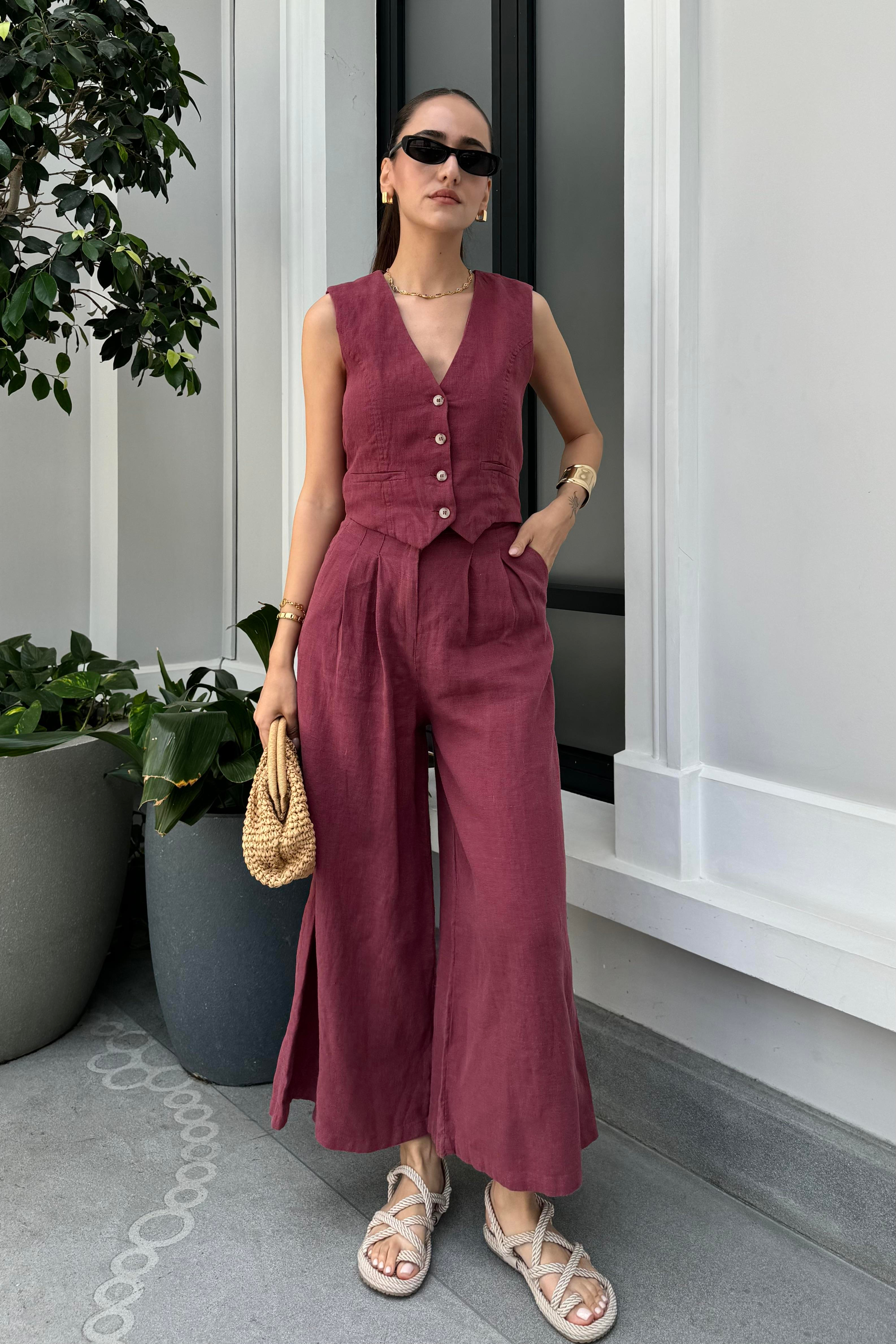 Bordo Premium Keten Takım - Kadın Outfit Sets Modelleri - Nazliye Moda - Kadın Giyim Modası