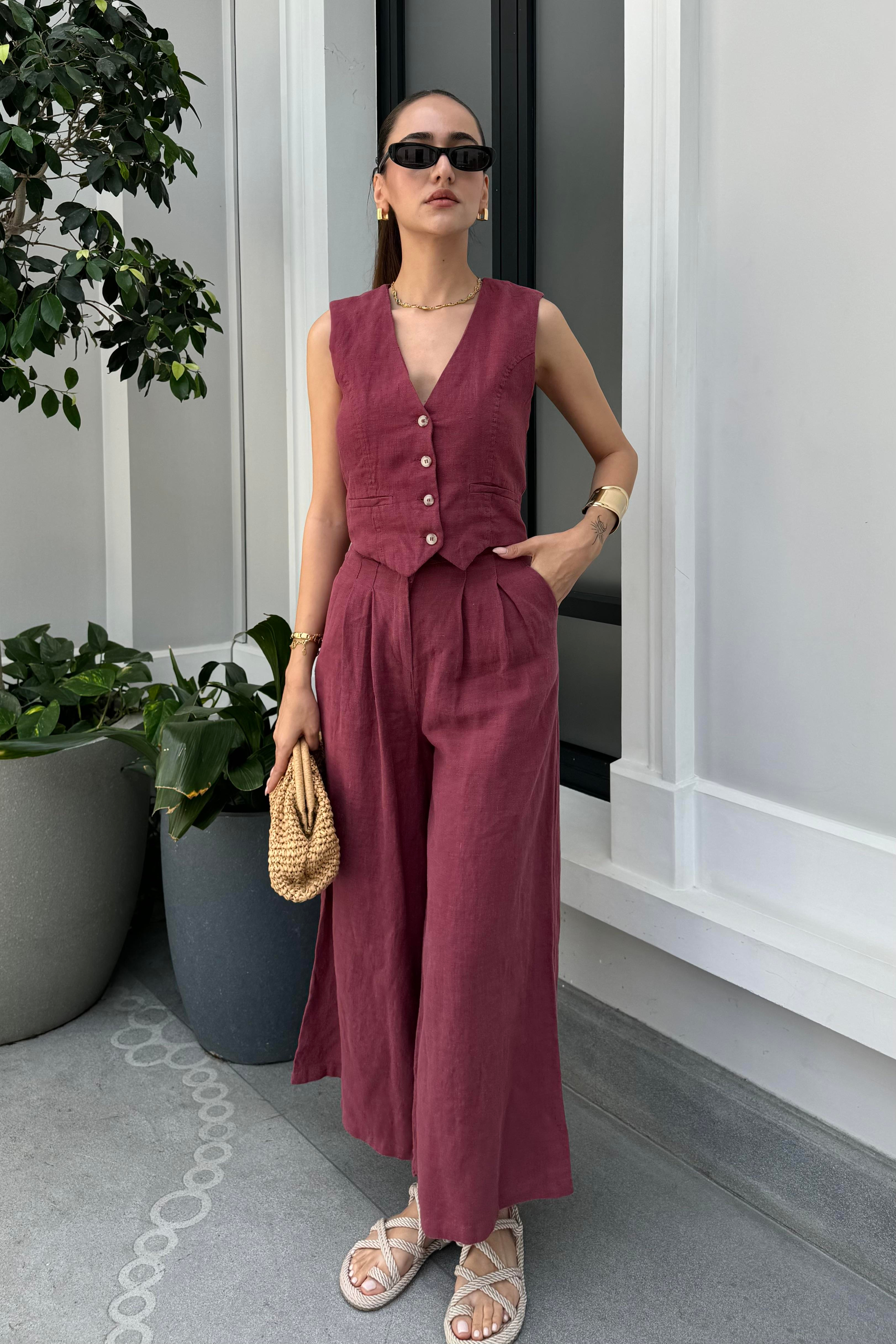 Bordo Premium Keten Takım - Kadın Outfit Sets Modelleri - Nazliye Moda - Kadın Giyim Modası