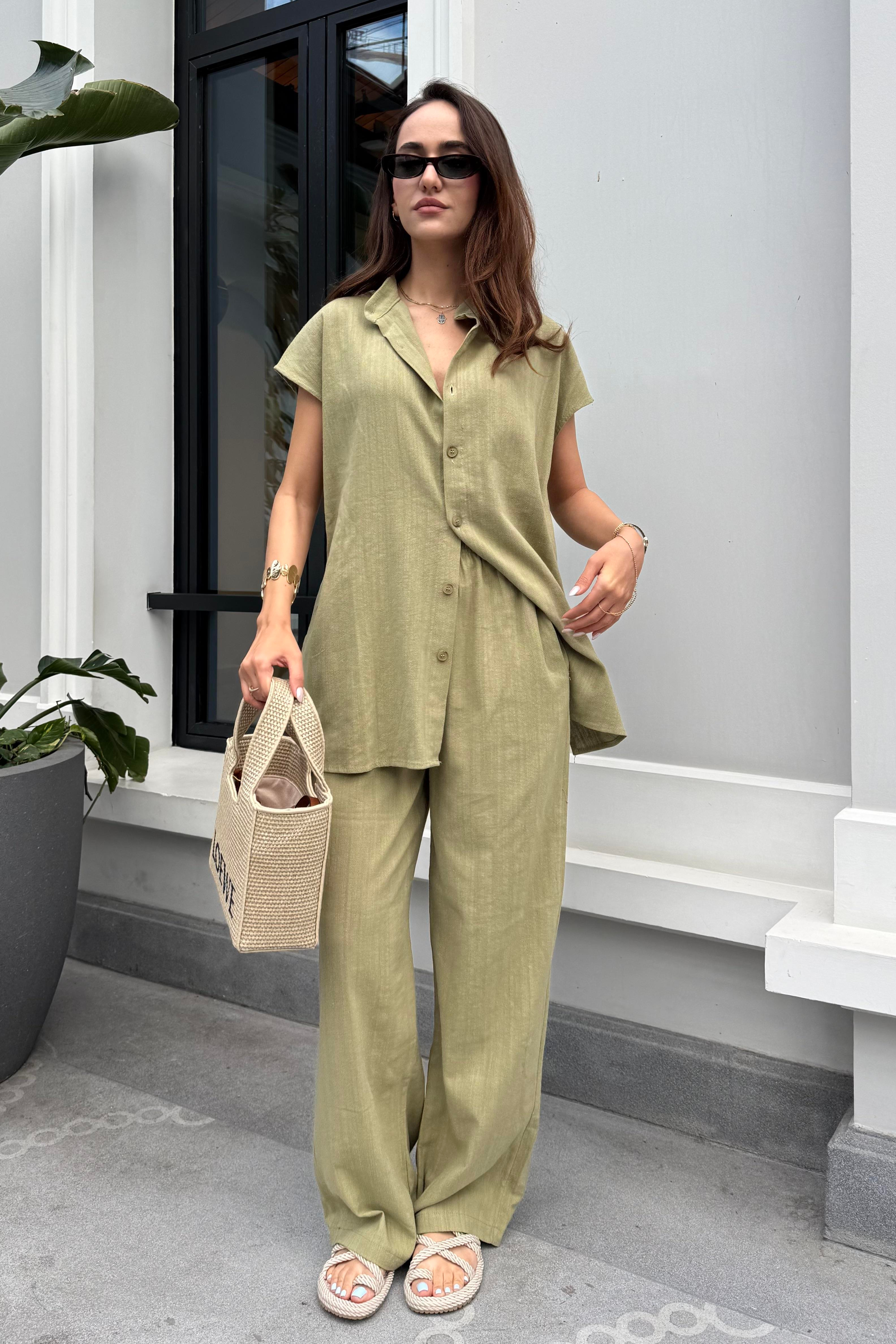 Çağla Yeşili Pantolon Gömlek Takım - Kadın Takım Modelleri - Nazliye Moda | Kadın Giyim Modası