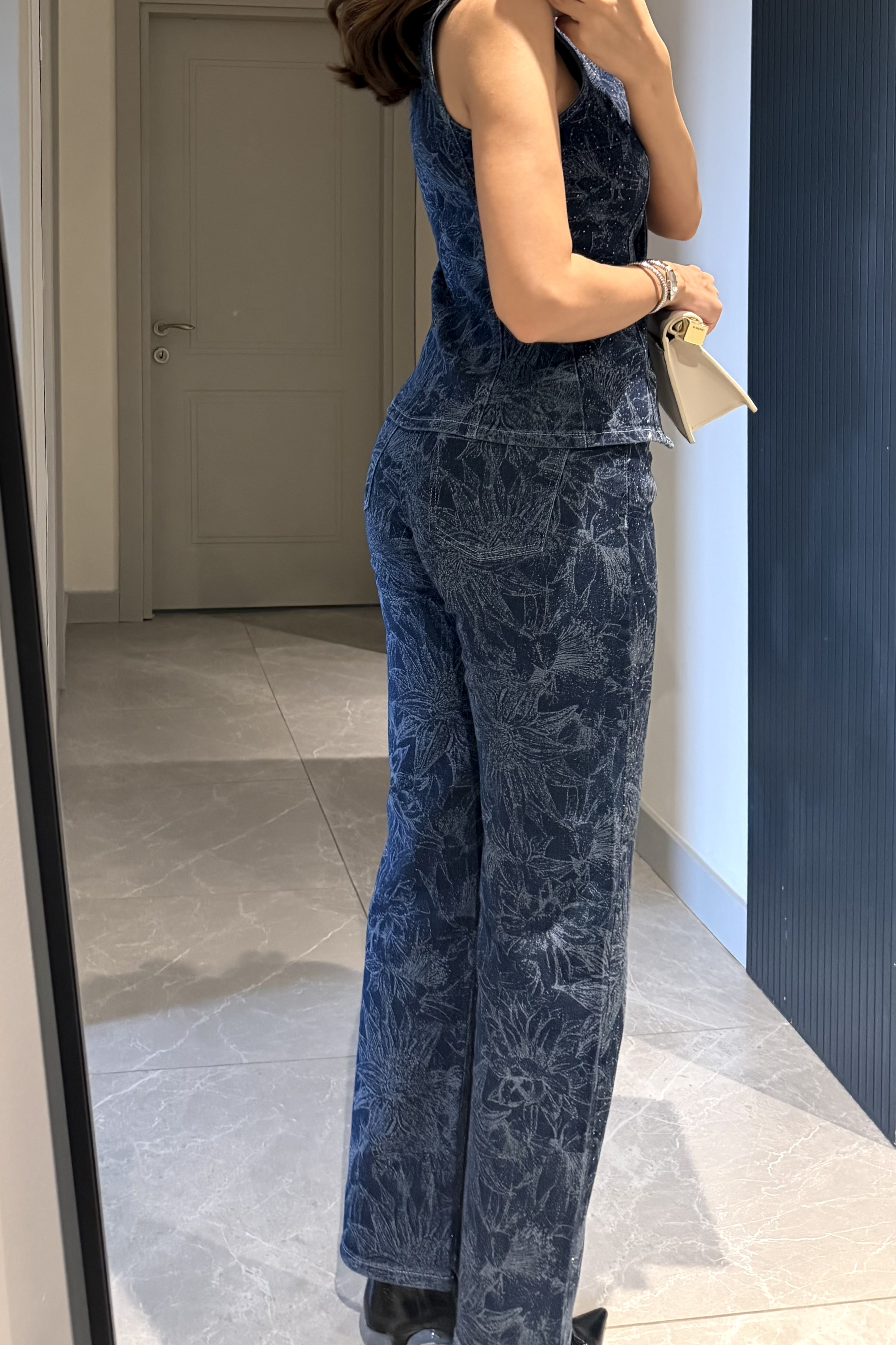 Çiçek Baskılı Taşlı Premium Denim Takım - Kadın Takım Modelleri - Nazliye Moda | Kadın Giyim Modası