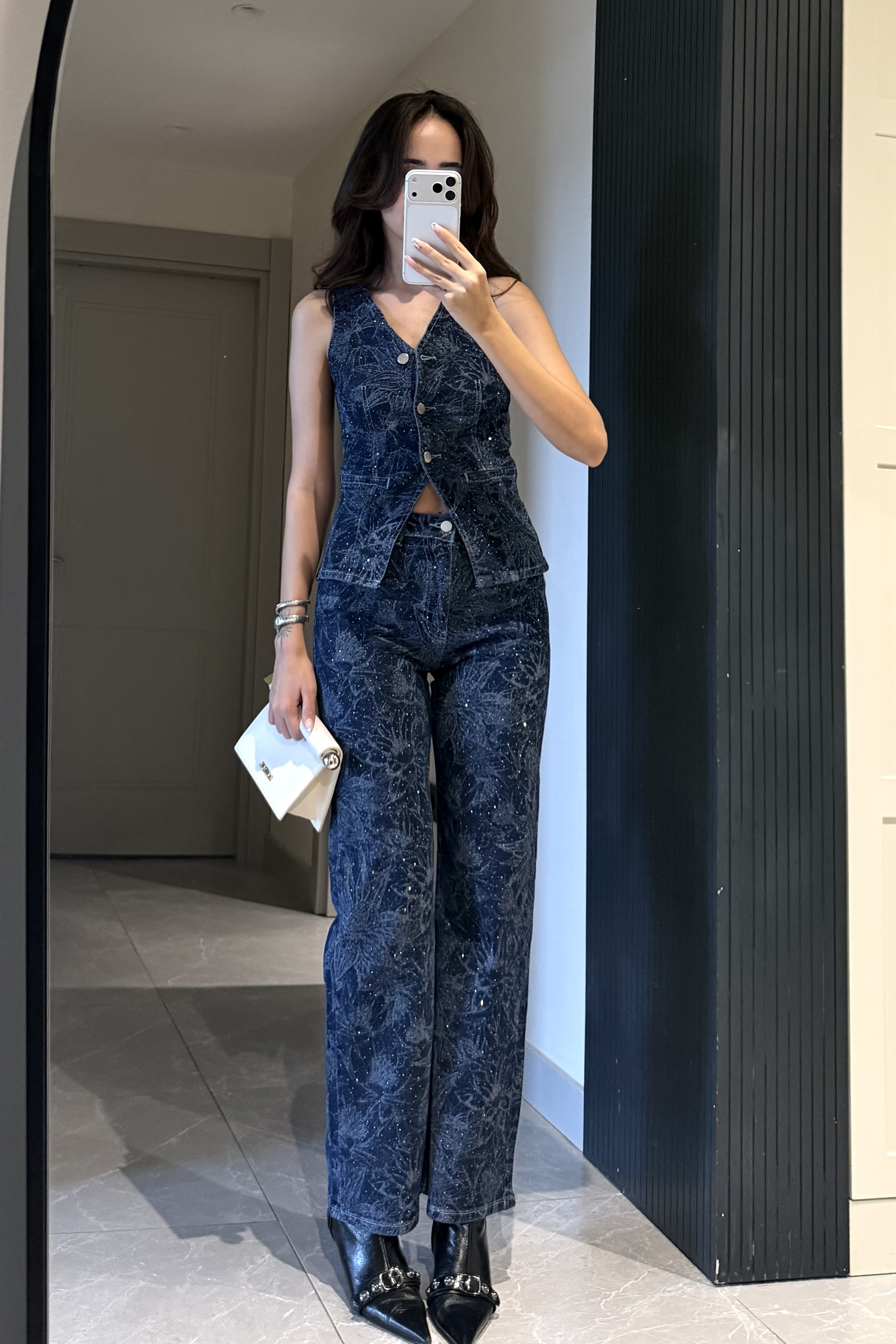 Çiçek Baskılı Taşlı Premium Denim Takım - Kadın Takım Modelleri - Nazliye Moda | Kadın Giyim Modası