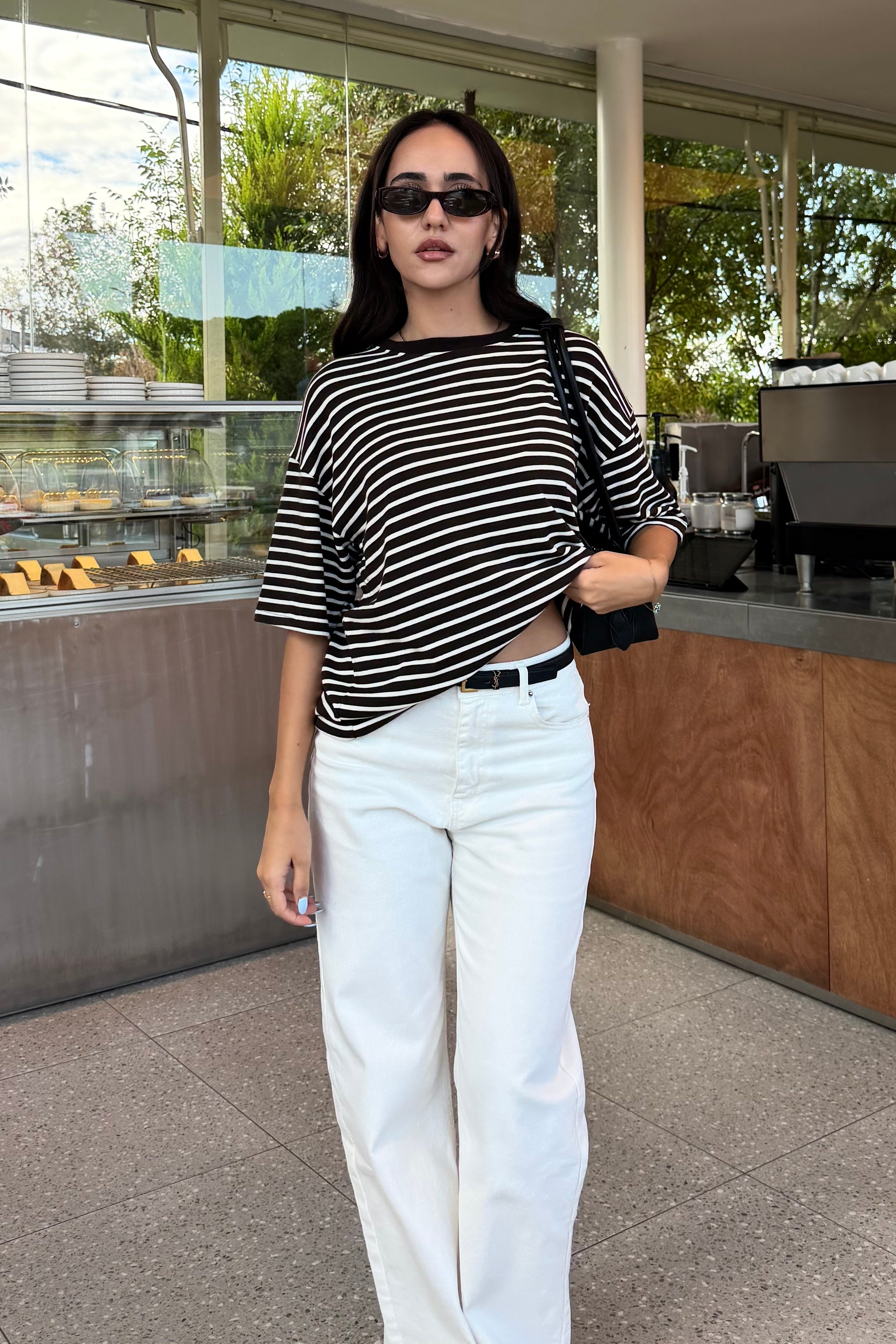 Çizgili Kısa Kollu Basic T-shirt - Kadın Bluz Modelleri - Nazliye Moda | Kadın Giyim Modası