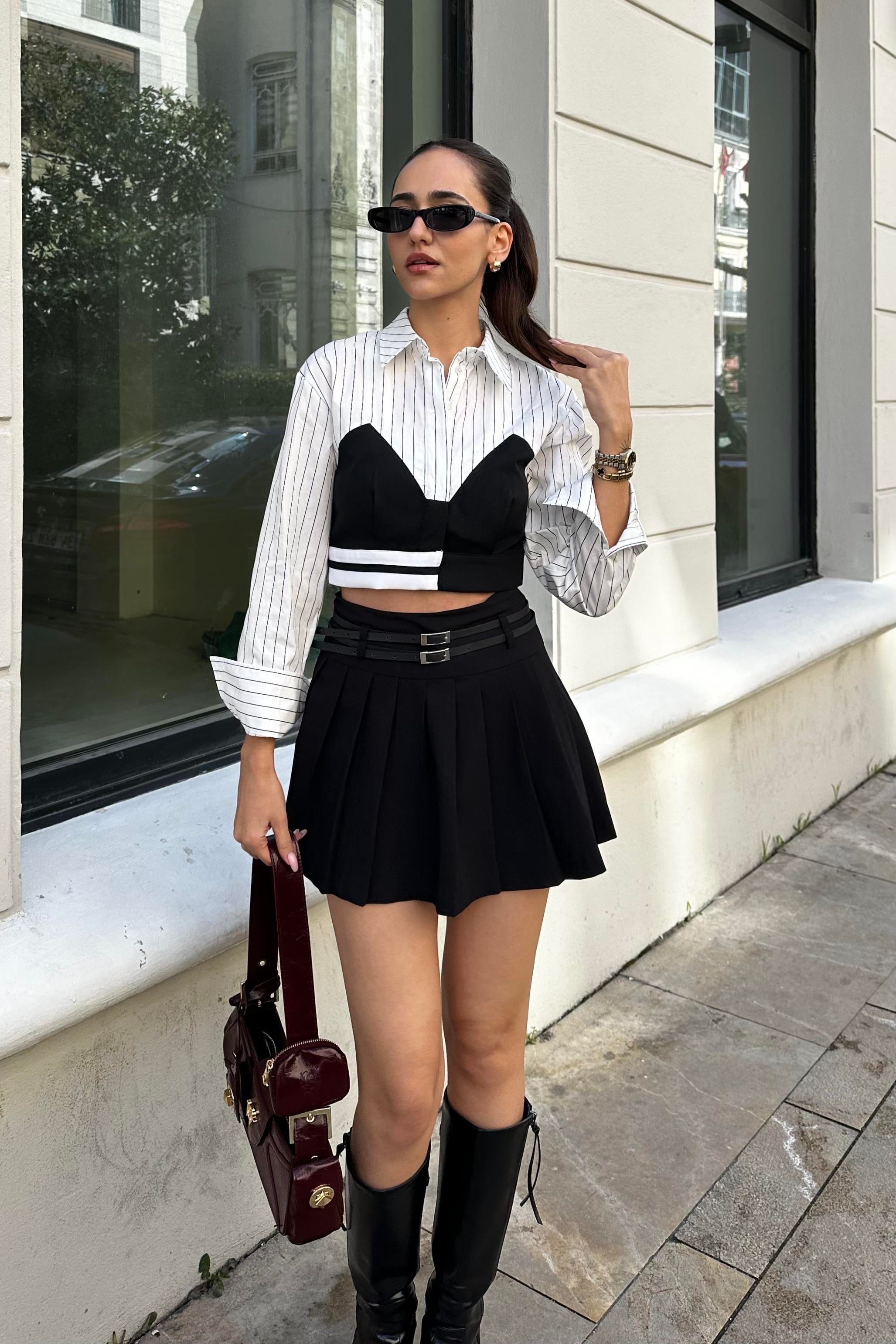 Çizgili Tasarım Crop Gömlek - Kadın Gömlek Modelleri - Nazliye Moda - Kadın Giyim Modası
