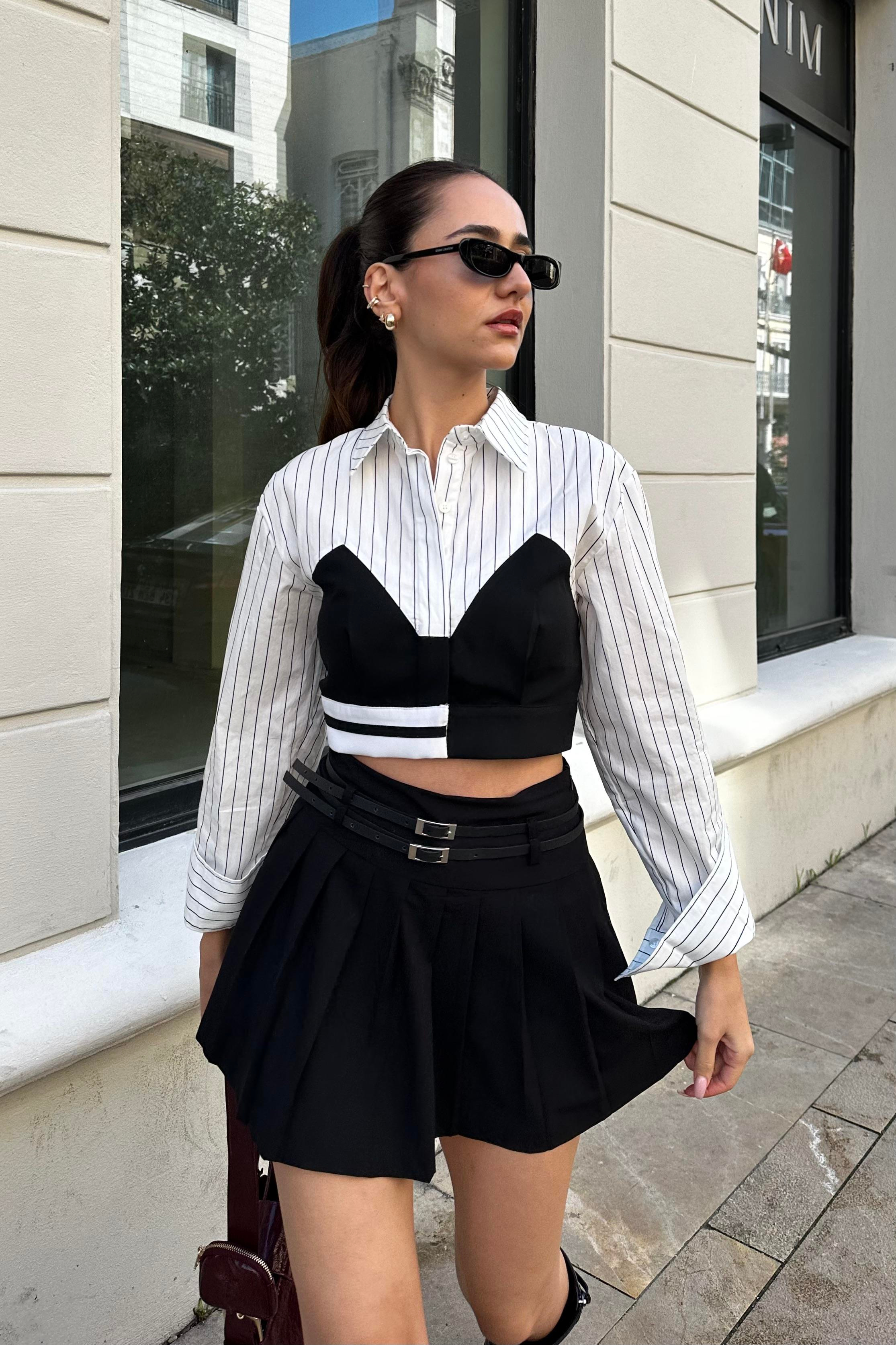 Çizgili Tasarım Crop Gömlek - Kadın Gömlek Modelleri - Nazliye Moda - Kadın Giyim Modası