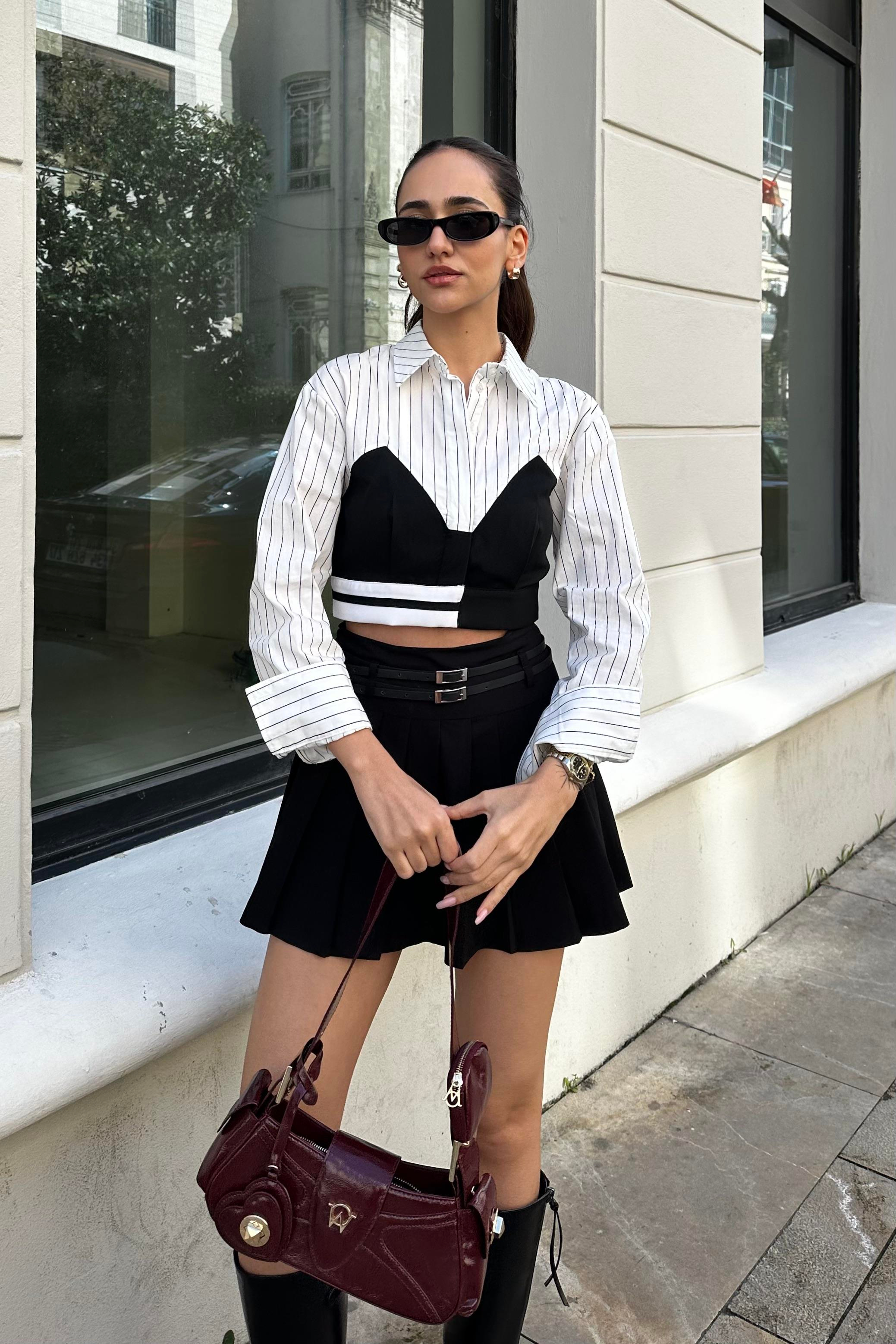 Çizgili Tasarım Crop Gömlek - Kadın Shirts Modelleri - Nazliye Moda - Kadın Giyim Modası