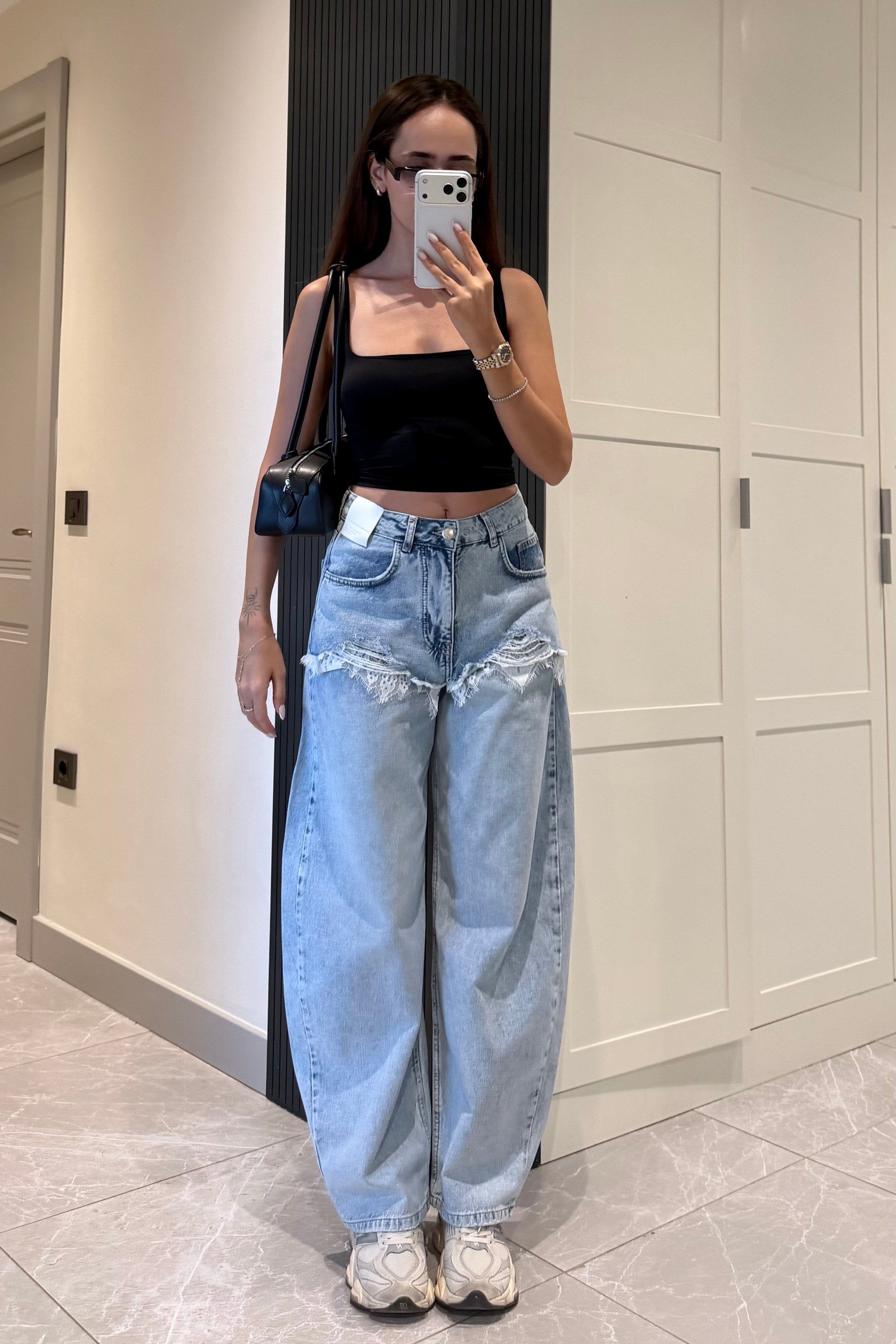Dantelli Premium Baggy Jean - Kadın Jean Modelleri - Nazliye Moda | Kadın Giyim Modası