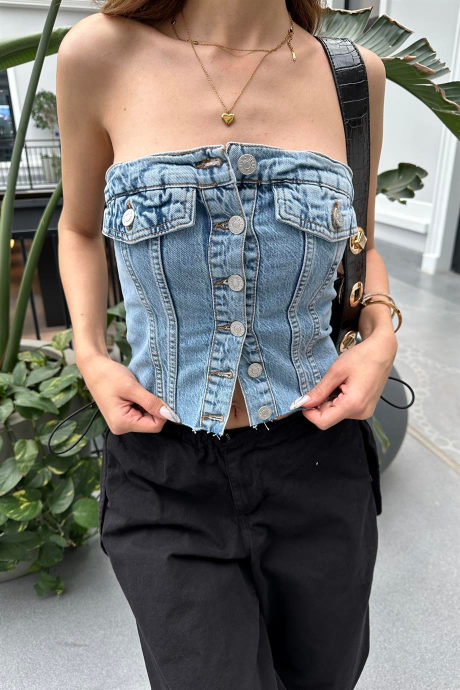 Denim Korse Büstiyer - Kadın Büstiyer Modelleri - Nazliye Moda | Kadın Giyim Modası