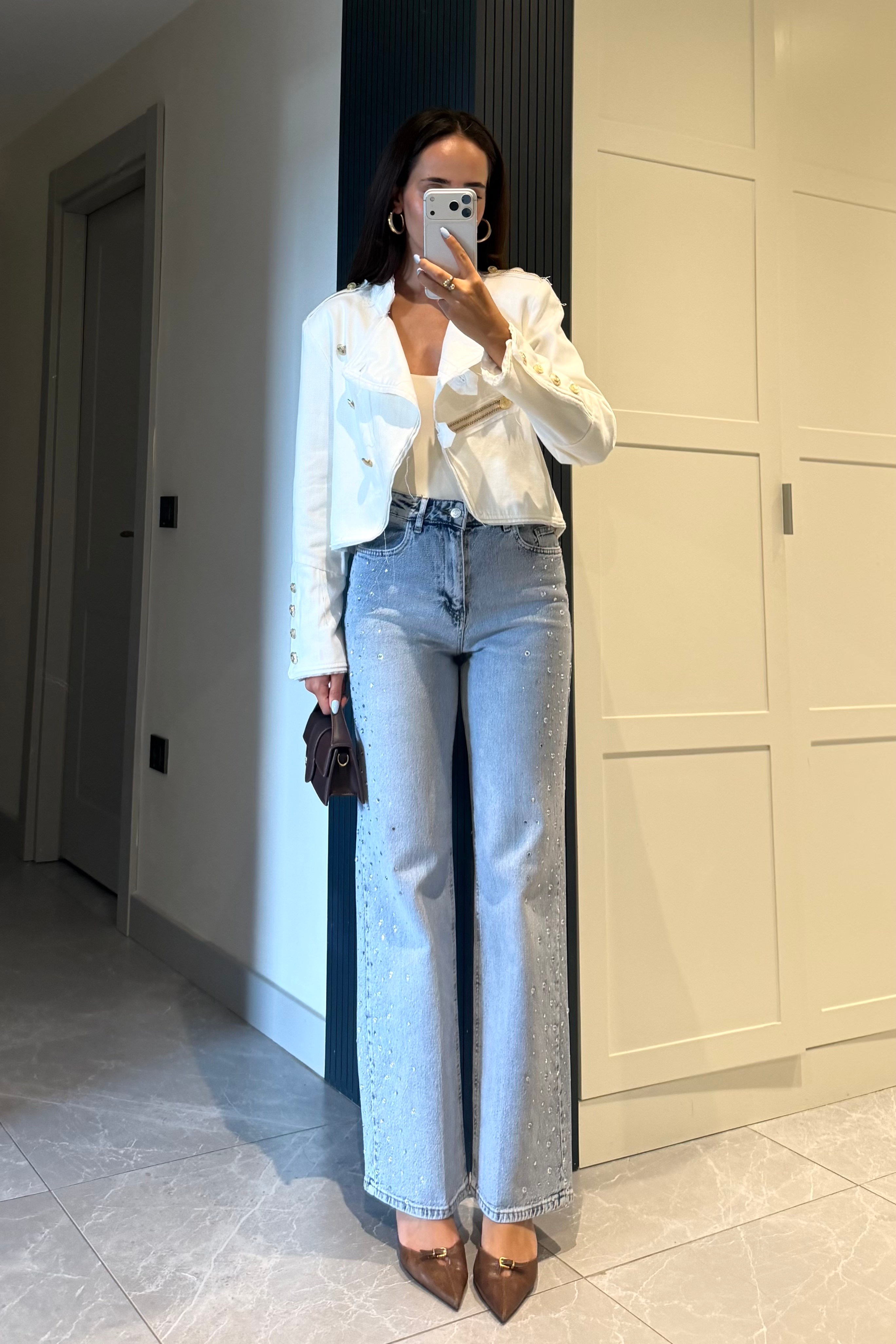 Droplu Taşlı Açık Mavi Straight jean - Kadın Jean Modelleri - Nazliye Moda | Kadın Giyim Modası