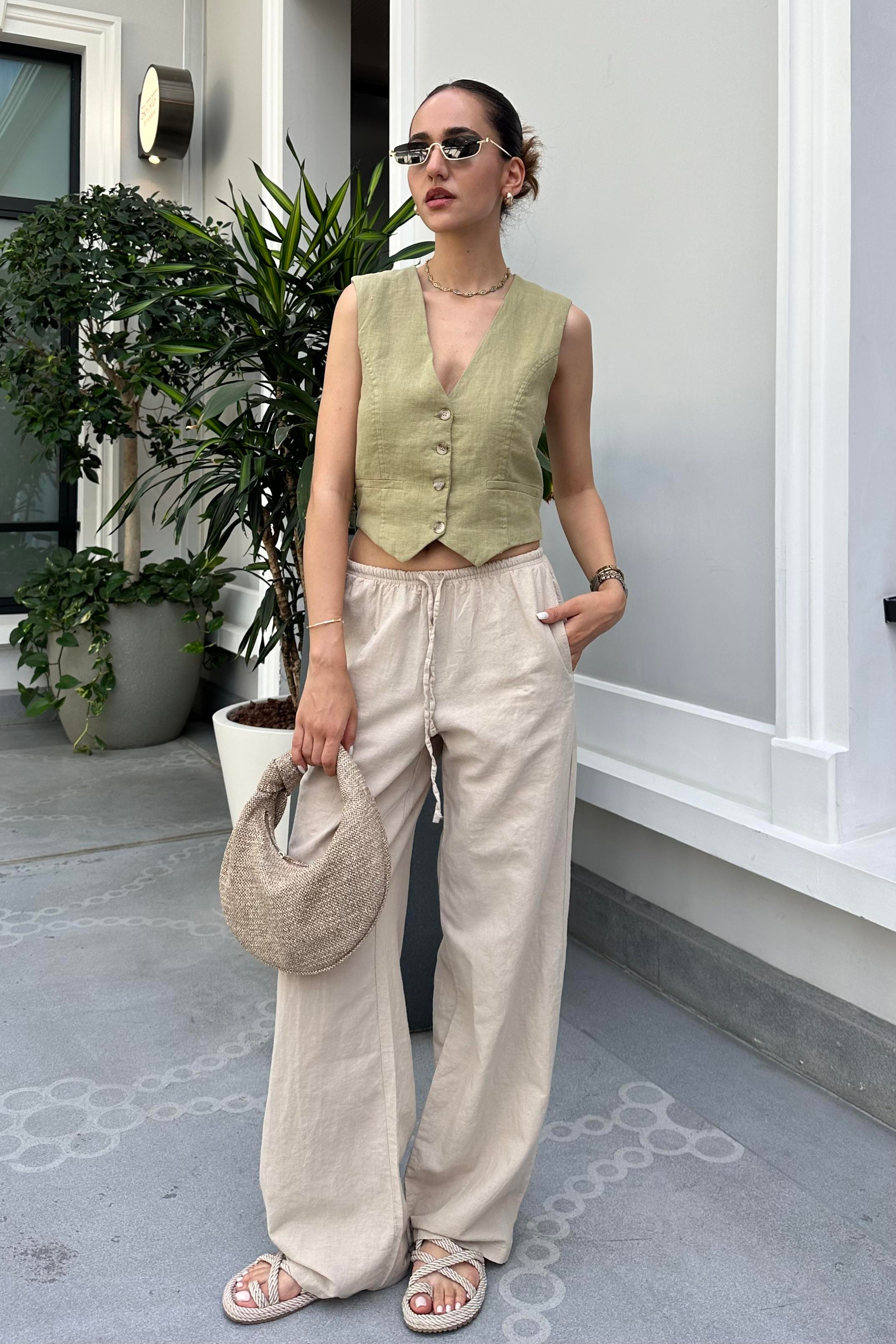 Ekru Bağcıklı Keten Pantolon - Kadın Takım Modelleri - Nazliye Moda - Kadın Giyim Modası