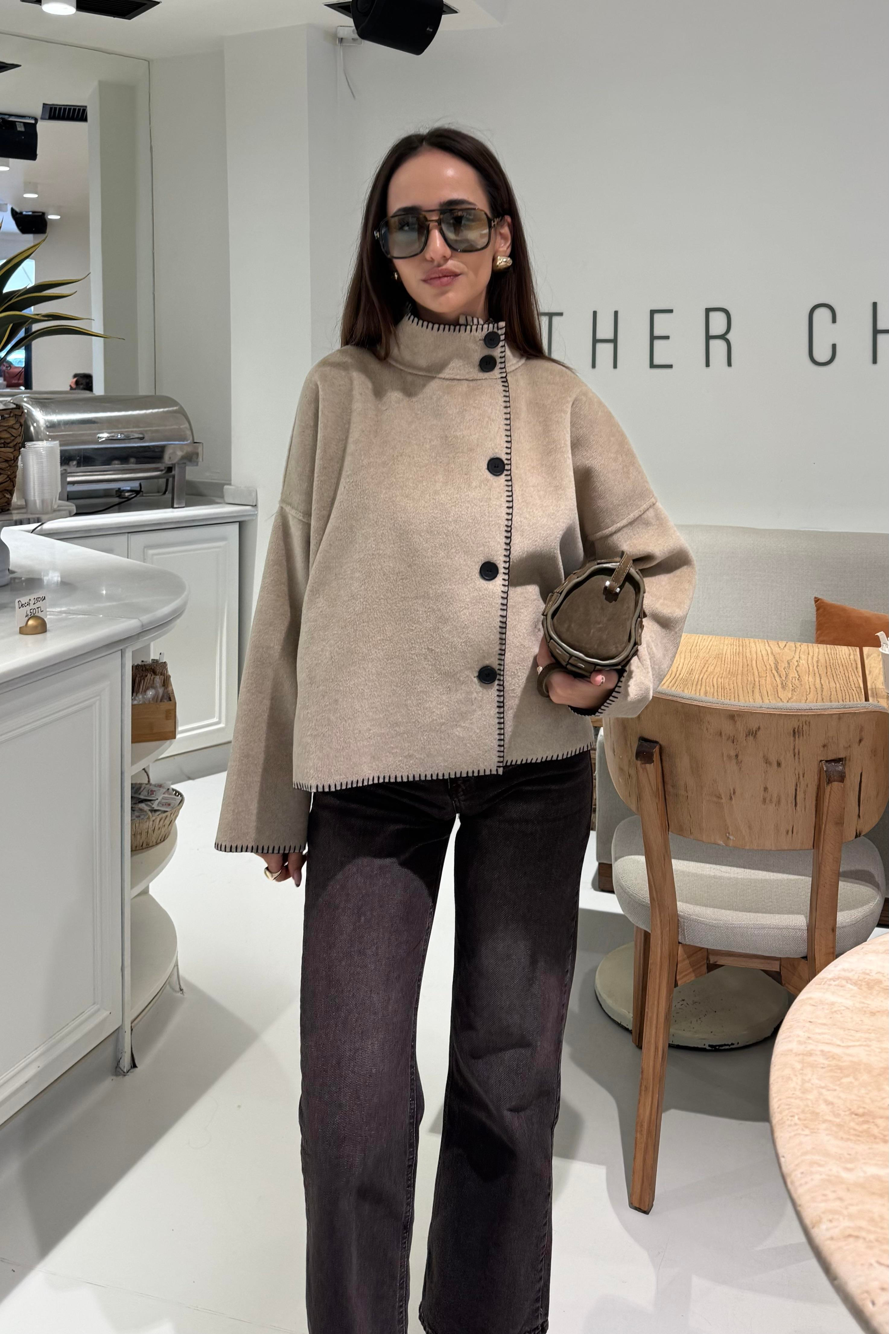 Ekru Çoban Dikişli Ceket - Kadın Jackets Modelleri - Nazliye Moda | Kadın Giyim Modası
