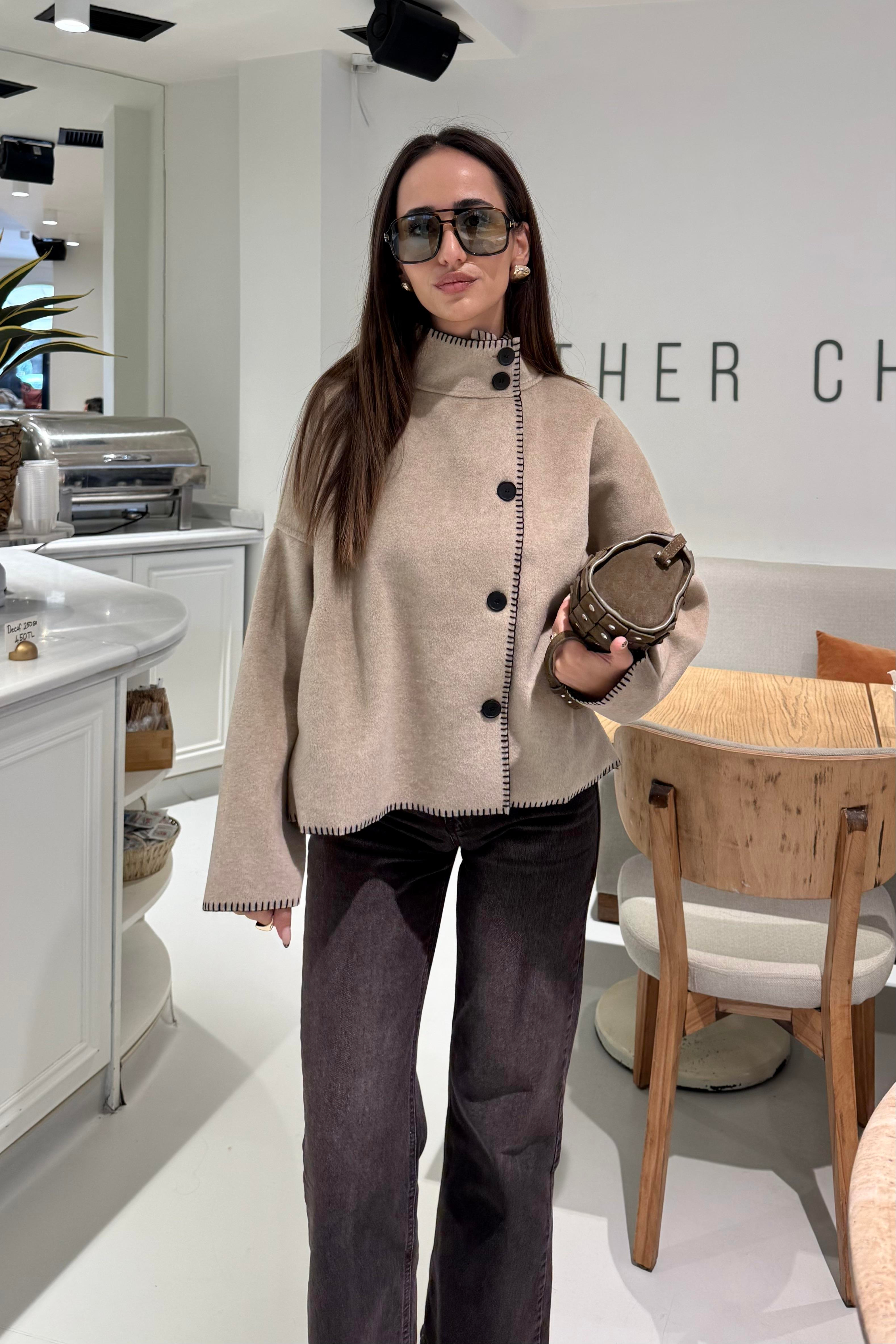 Ekru Çoban Dikişli Ceket - Kadın Ceket Modelleri - Nazliye Moda | Kadın Giyim Modası