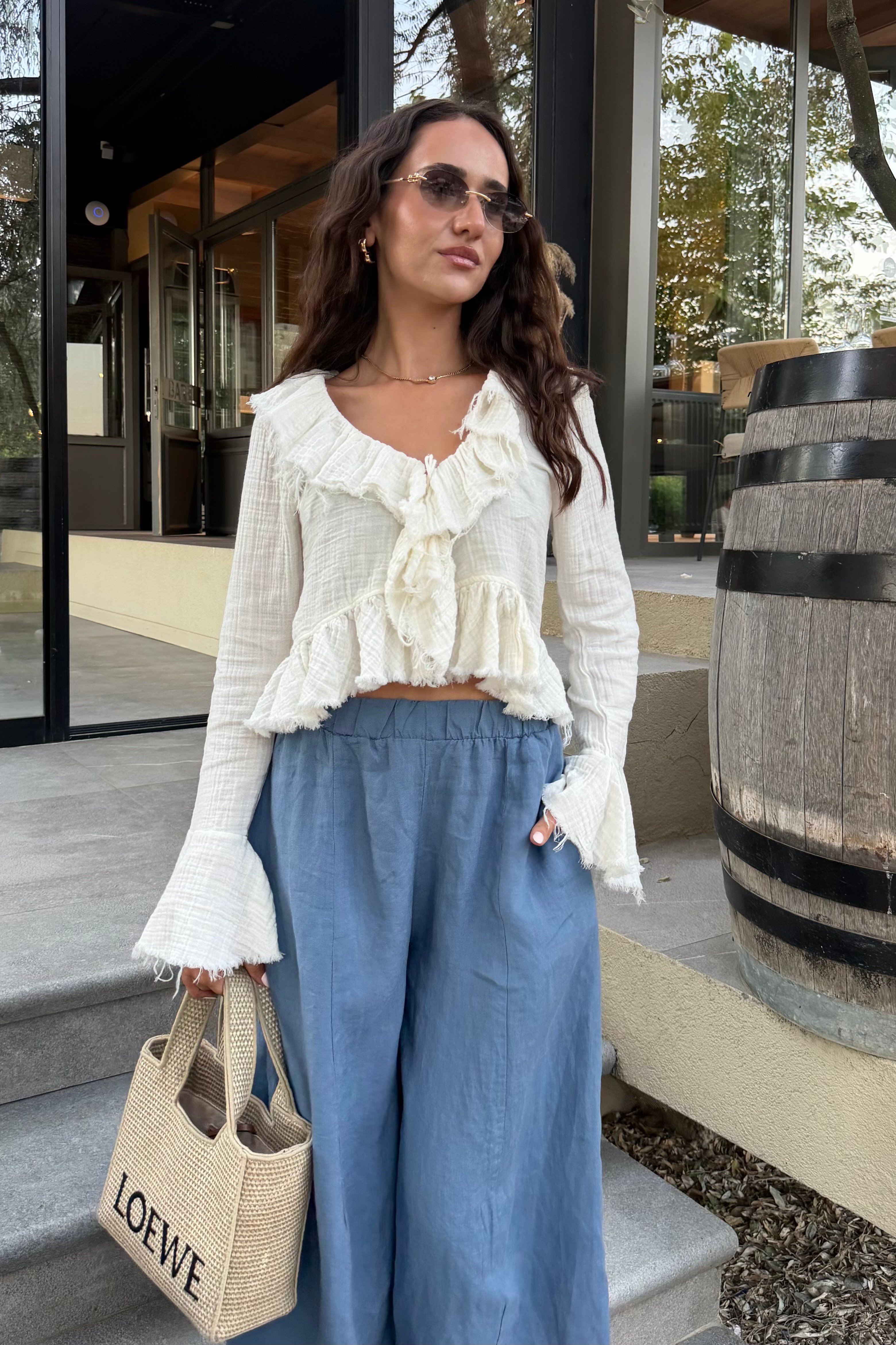 Ekru Fırfır Detay Bohem Bluz - Kadın Bluz Modelleri - Nazliye Moda | Kadın Giyim Modası