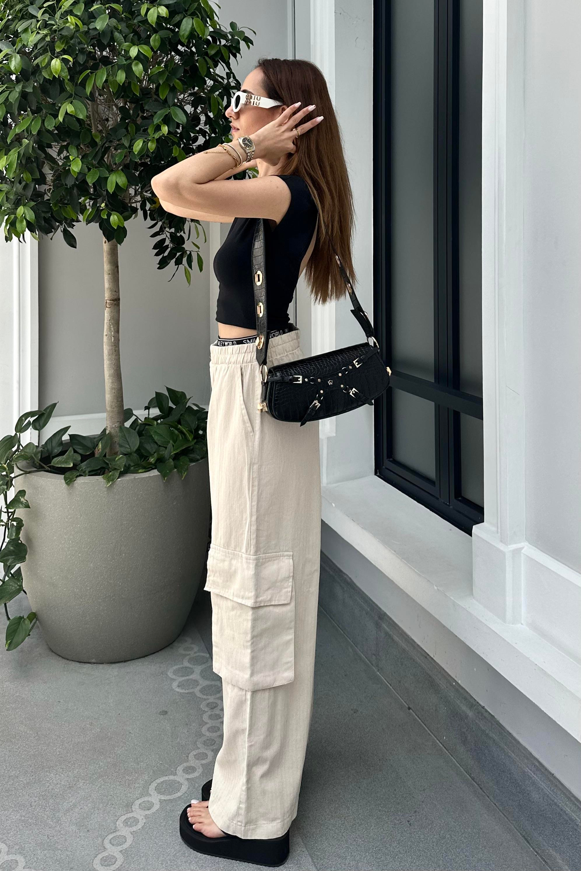 Ekru Kargo Keten Pantolon - Kadın Pantolon Modelleri - Nazliye Moda - Kadın Giyim Modası