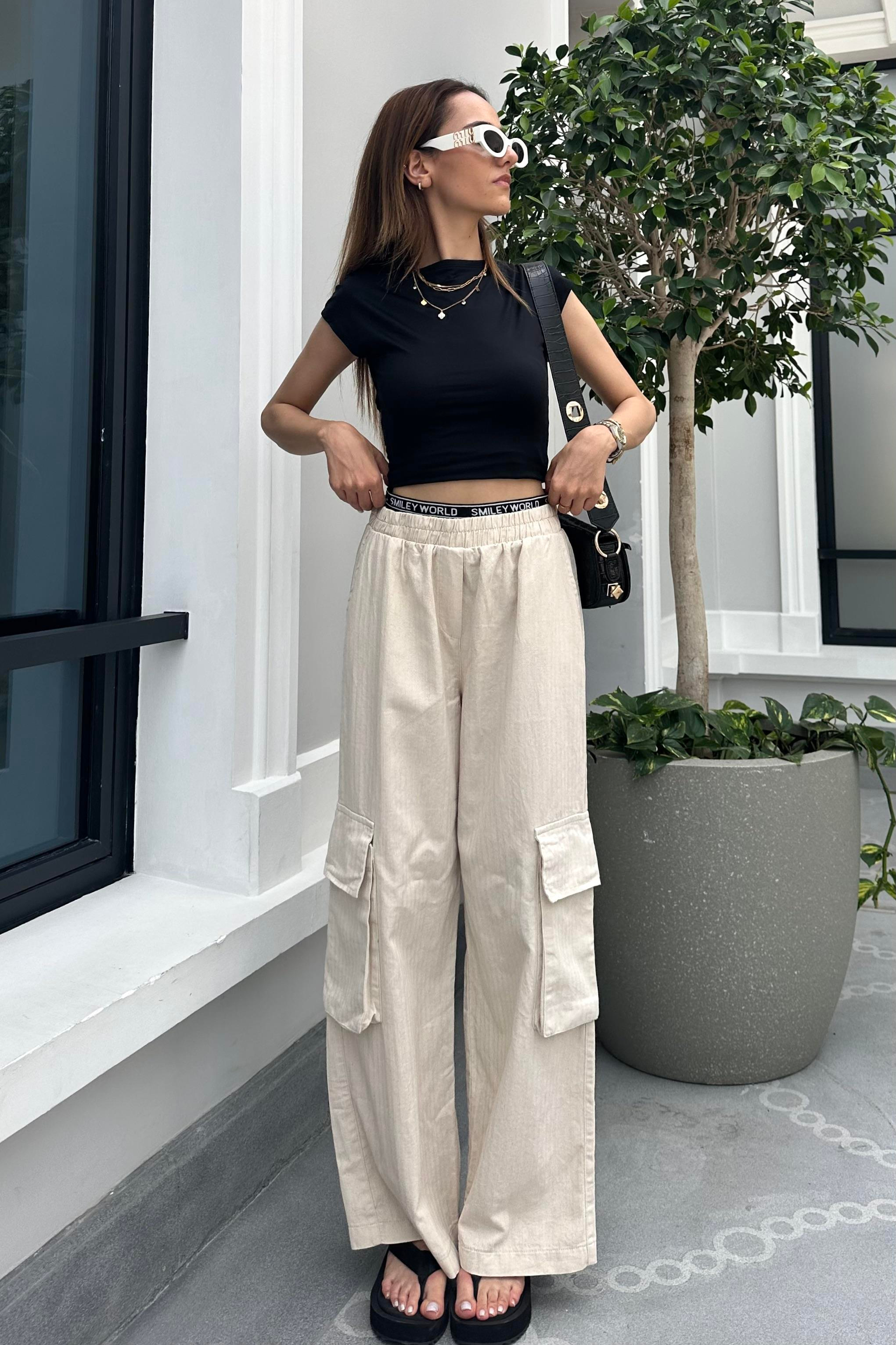 Ekru Kargo Keten Pantolon - Kadın Pantolon Modelleri - Nazliye Moda - Kadın Giyim Modası