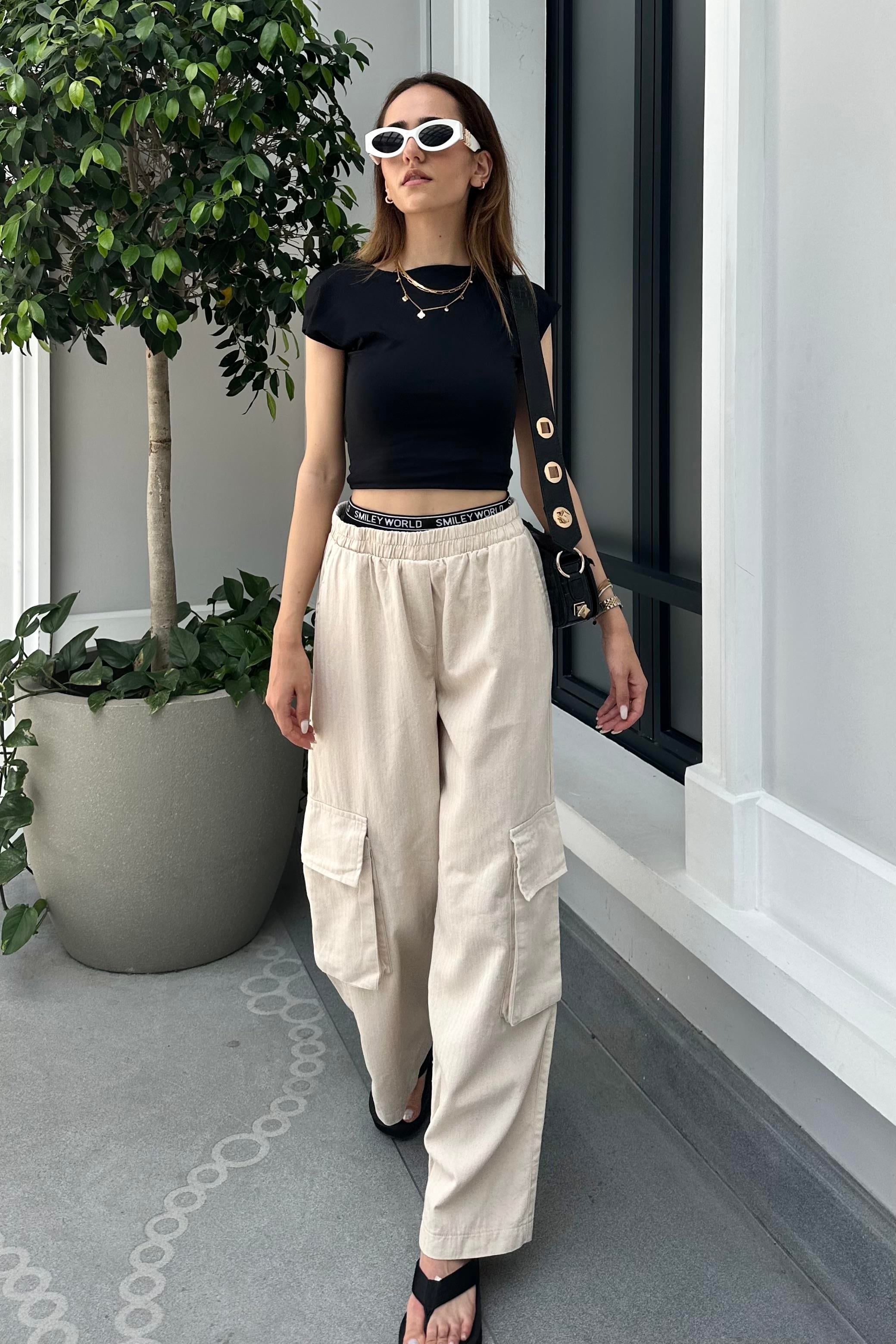 Ekru Kargo Keten Pantolon - Kadın Pantolon Modelleri - Nazliye Moda - Kadın Giyim Modası
