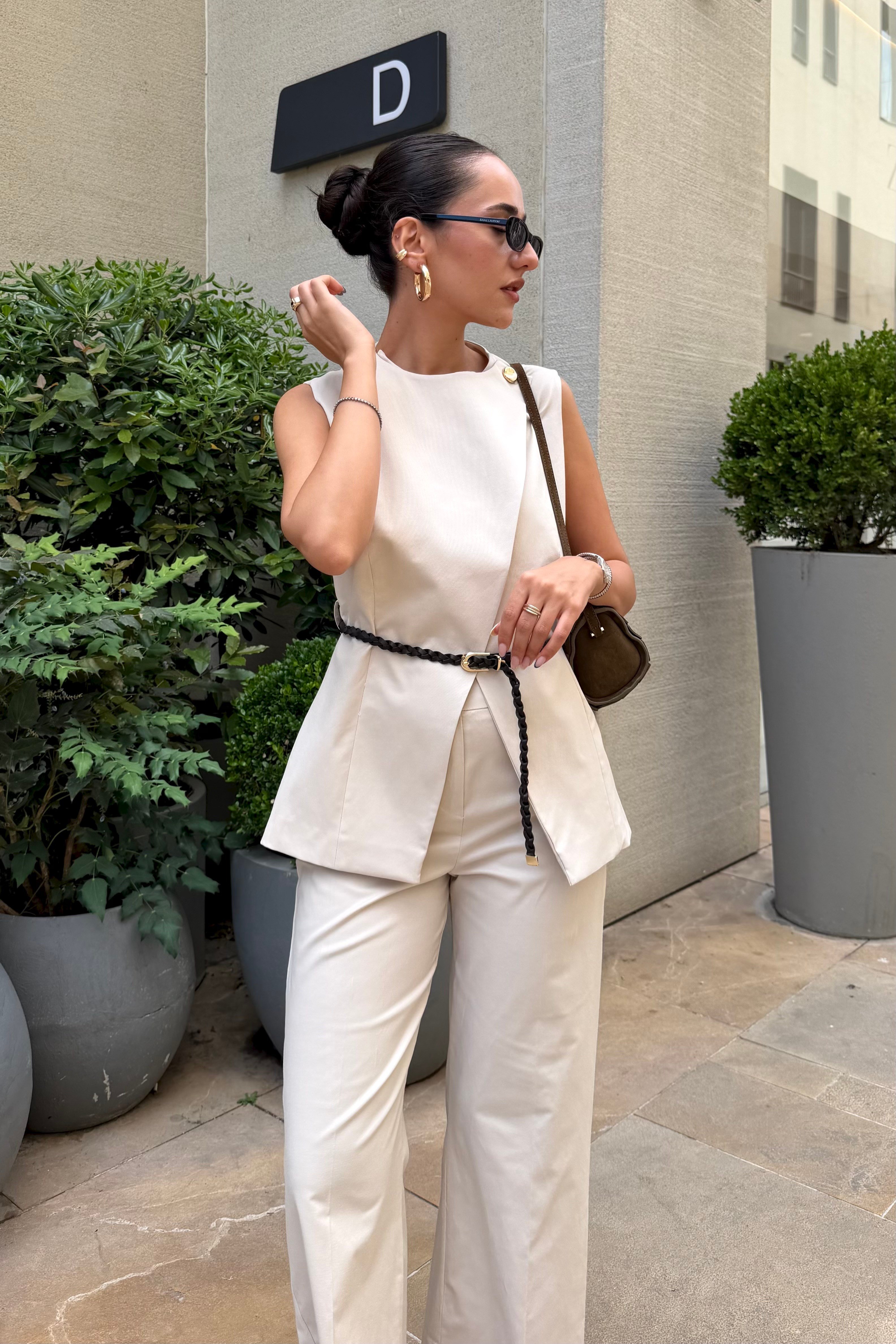 Ekru Kemerli İkili Takım - Kadın Takım Modelleri - Nazliye Moda | Kadın Giyim Modası
