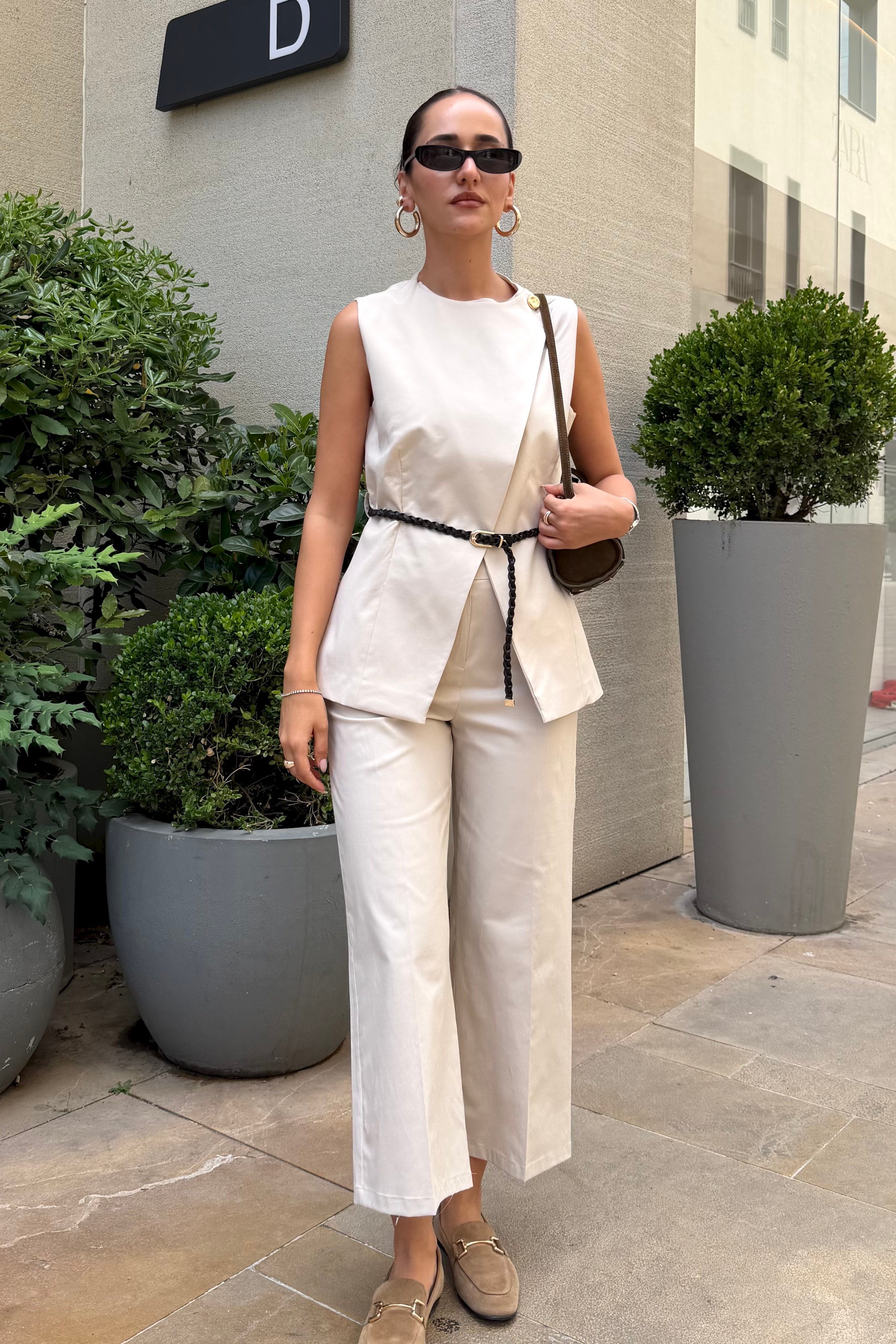 Ekru Kemerli İkili Takım - Kadın Takım Modelleri - Nazliye Moda | Kadın Giyim Modası