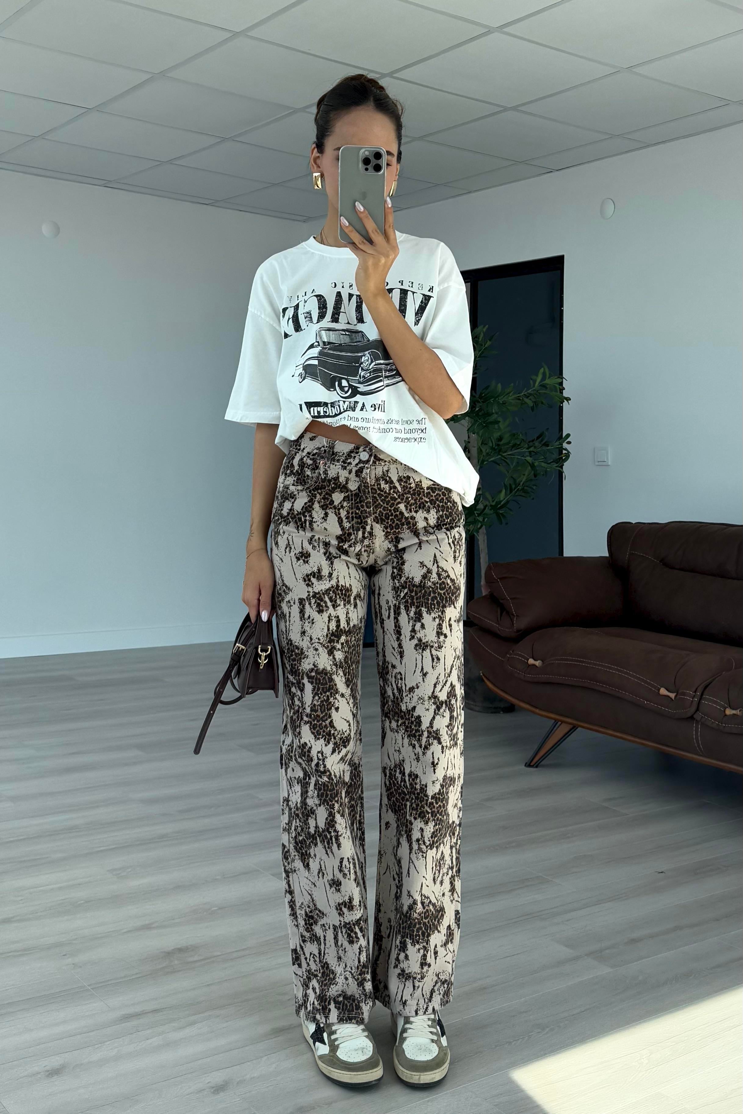 Ekru Leopar Straight Jean - Kadın Jeans Modelleri - Nazliye Moda | Kadın Giyim Modası