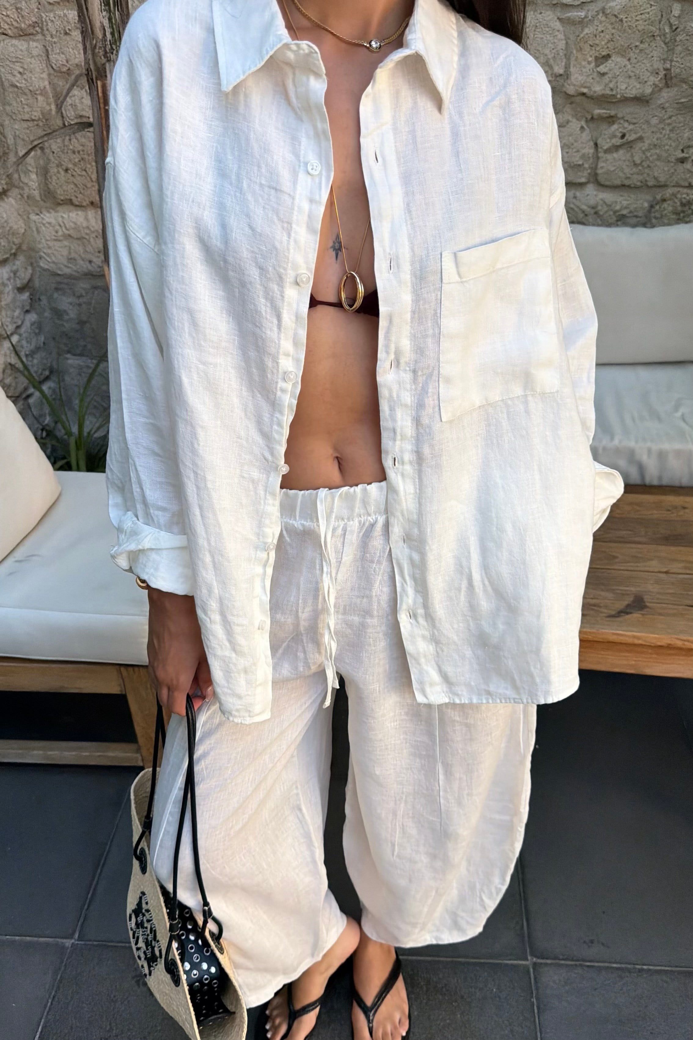 Ekru Oversize Ham Keten Gömlek - Kadın Gömlek Modelleri - Nazliye Moda | Kadın Giyim Modası