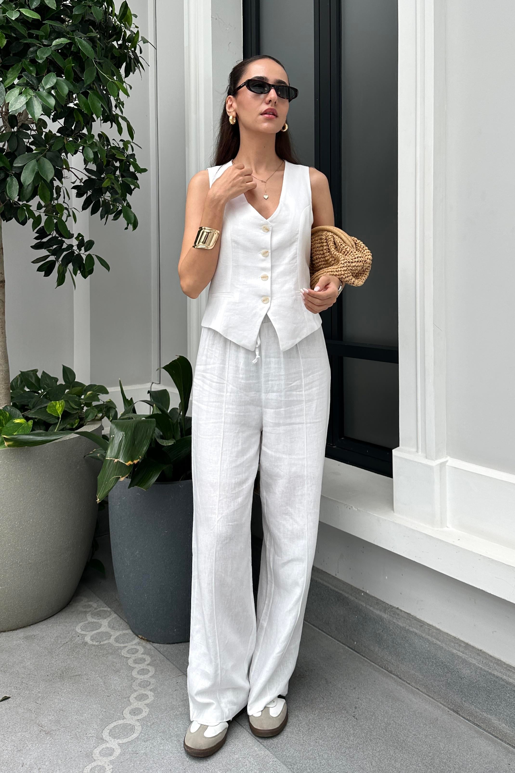 Ekru Pantolon Yelek Keten Takım - Kadın Takım Modelleri - Nazliye Moda - Kadın Giyim Modası